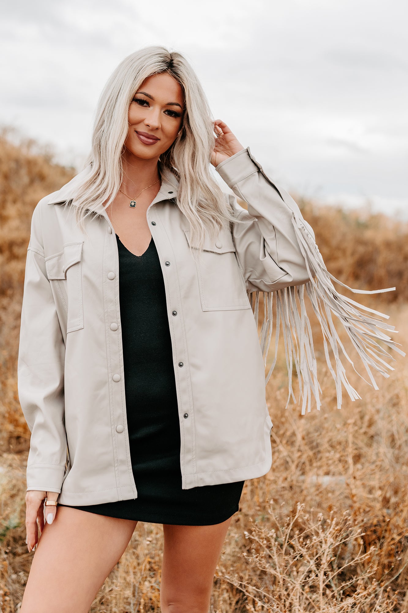 Wild West Whimsy Fringe Faux Leather Jacket (Cream)-The Formal Wear