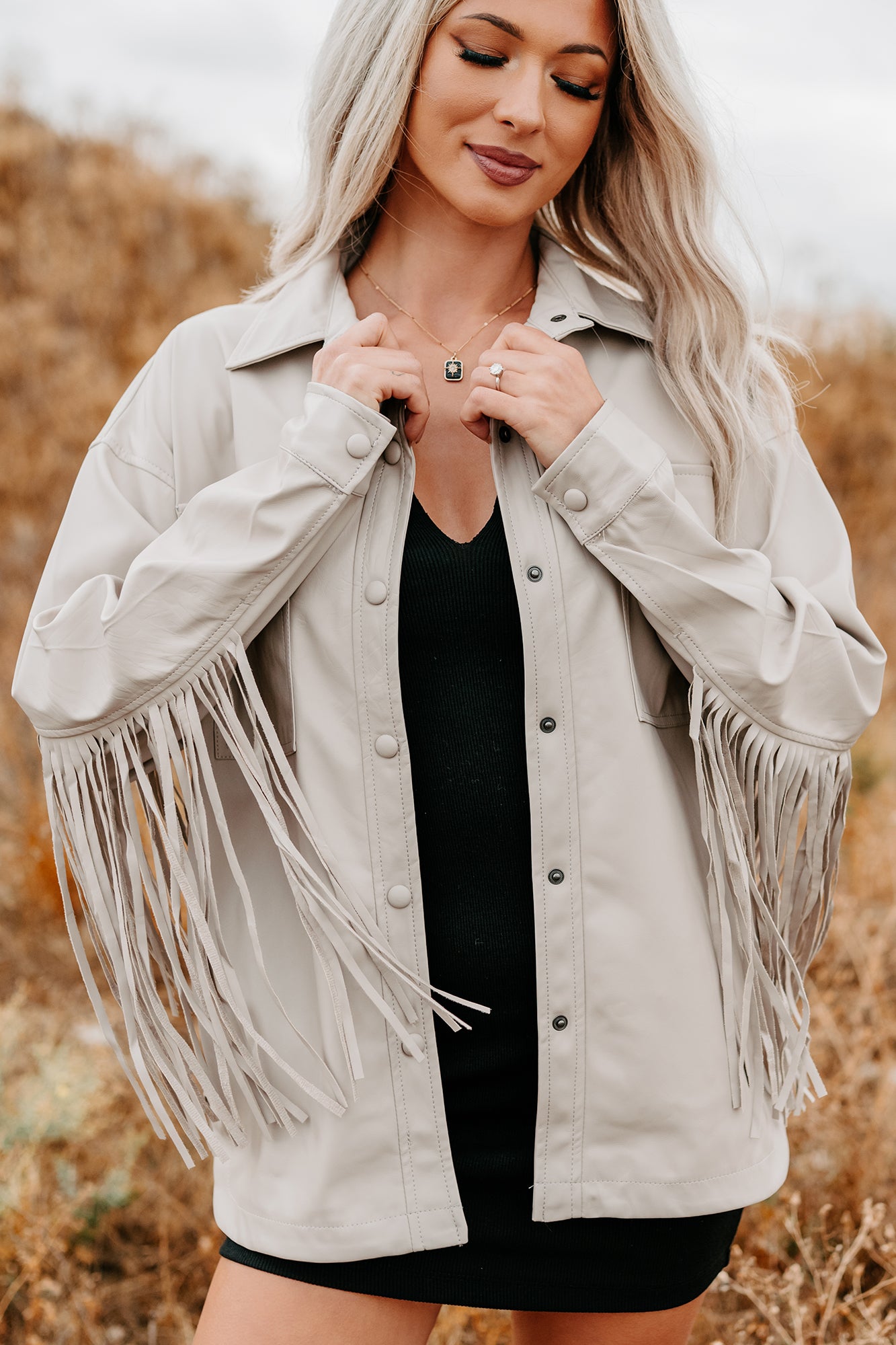 Wild West Whimsy Fringe Faux Leather Jacket (Cream)-The Formal Wear