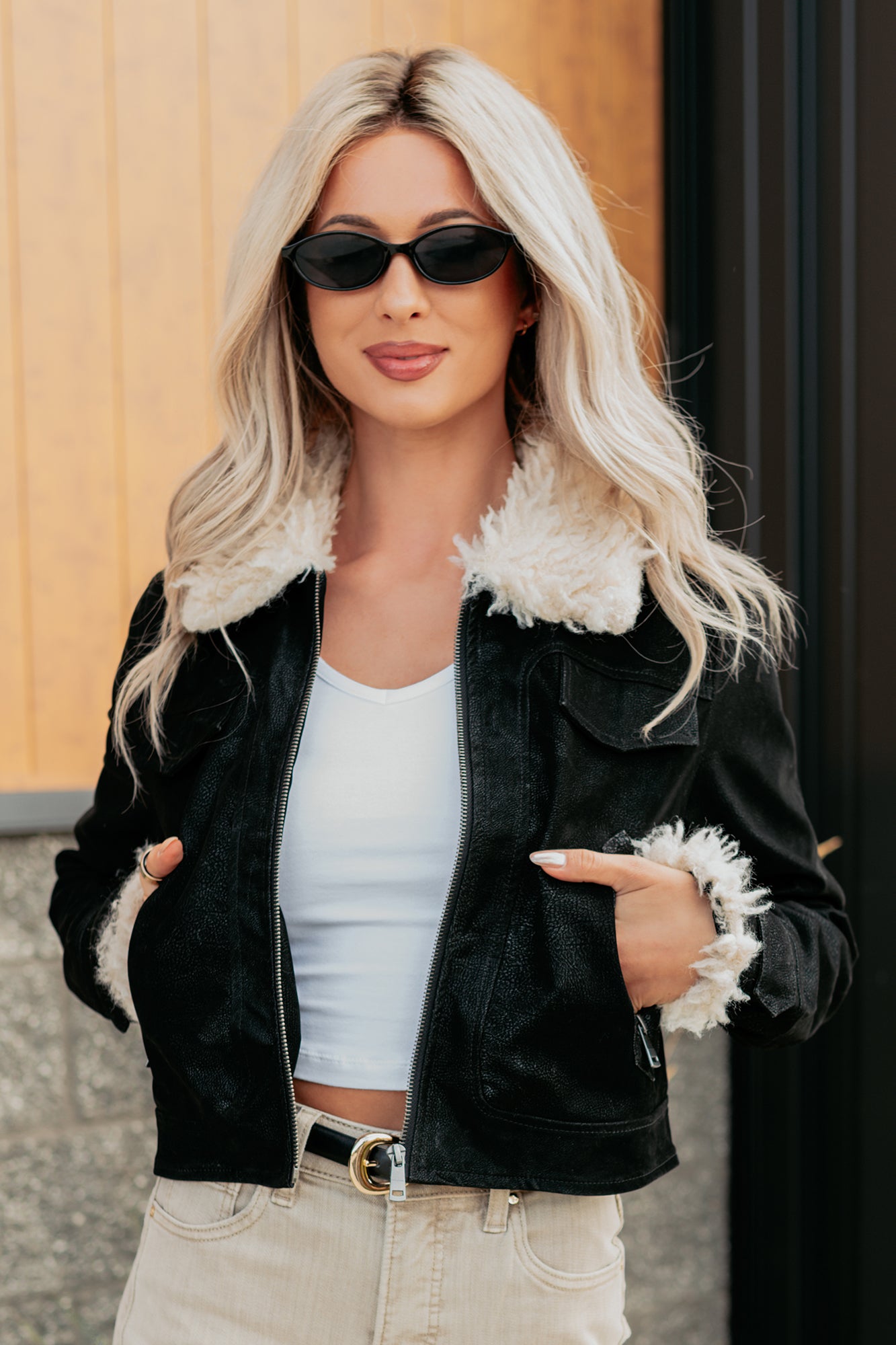 Soulful Strolls Shearling Aviator Jacket (Black/Cream)-The Formal Wear