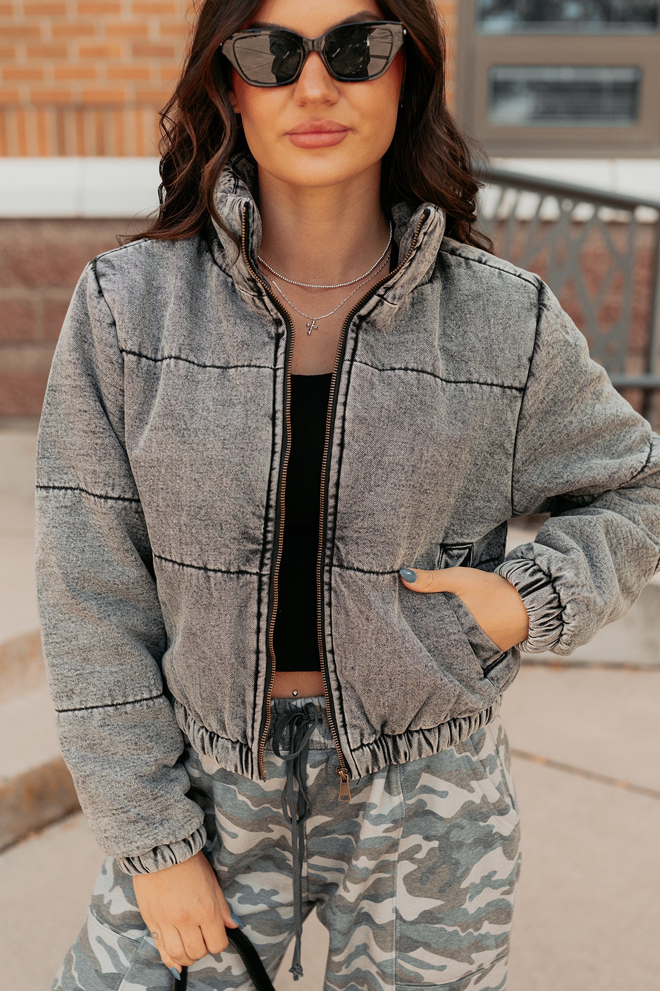 Warm Refuge Denim Cropped Puffer Jacket (Black)-The Formal Wear