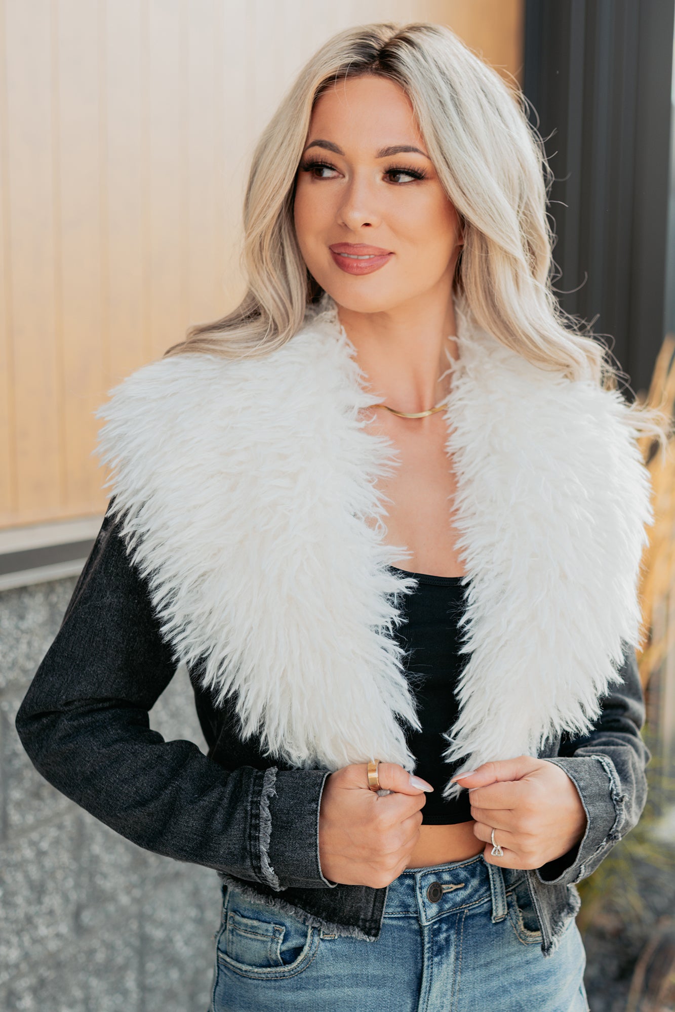 Unapologetic Glow Denim Fur Collar Jacket (Black)-The Formal Wear