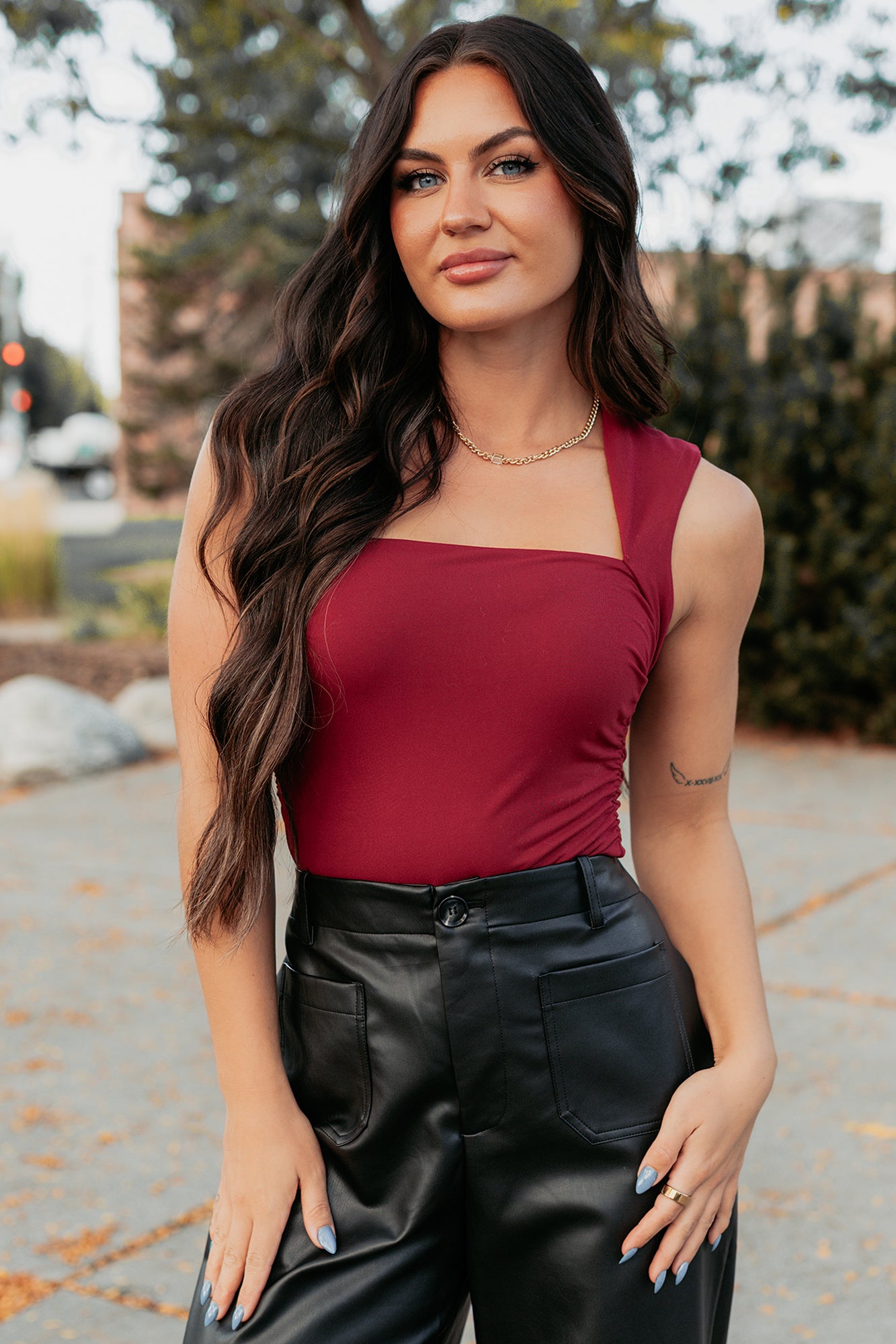 Burning Slow Sleeveless Square Neck Bodysuit (Ruby)-The Formal Wear