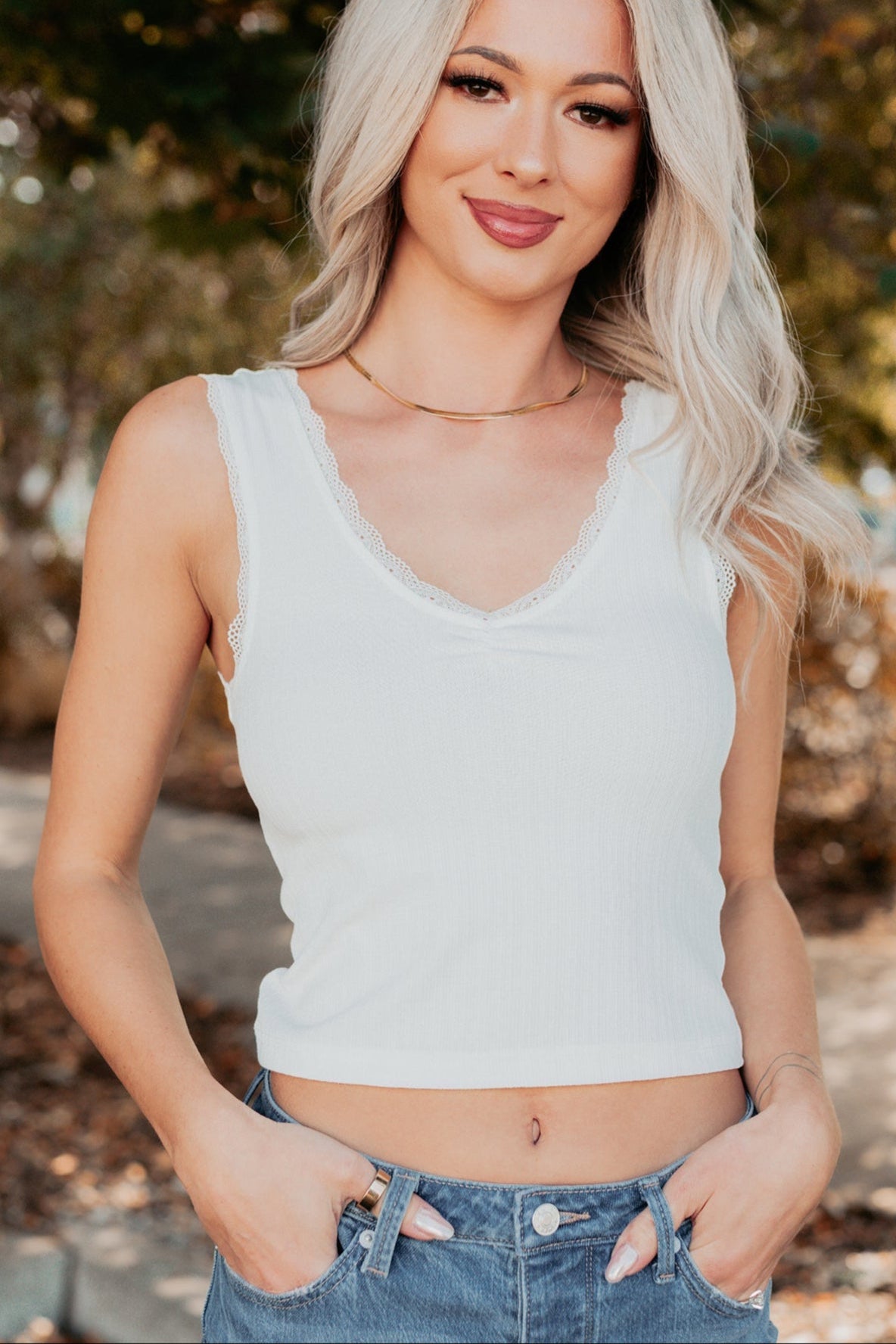 Bed Of Roses Ribbed Lace Trim Tank Top (White)-The Formal Wear