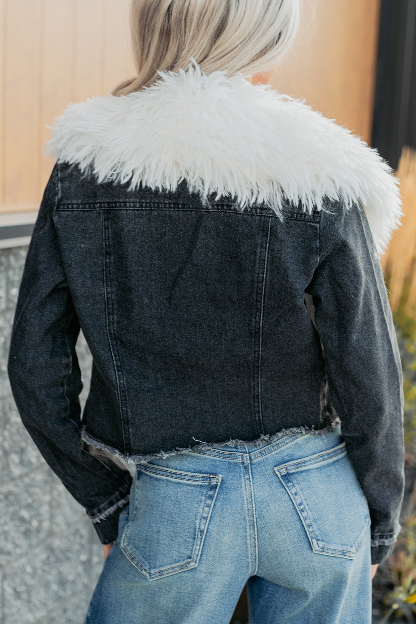 Unapologetic Glow Denim Fur Collar Jacket (Black)-The Formal Wear