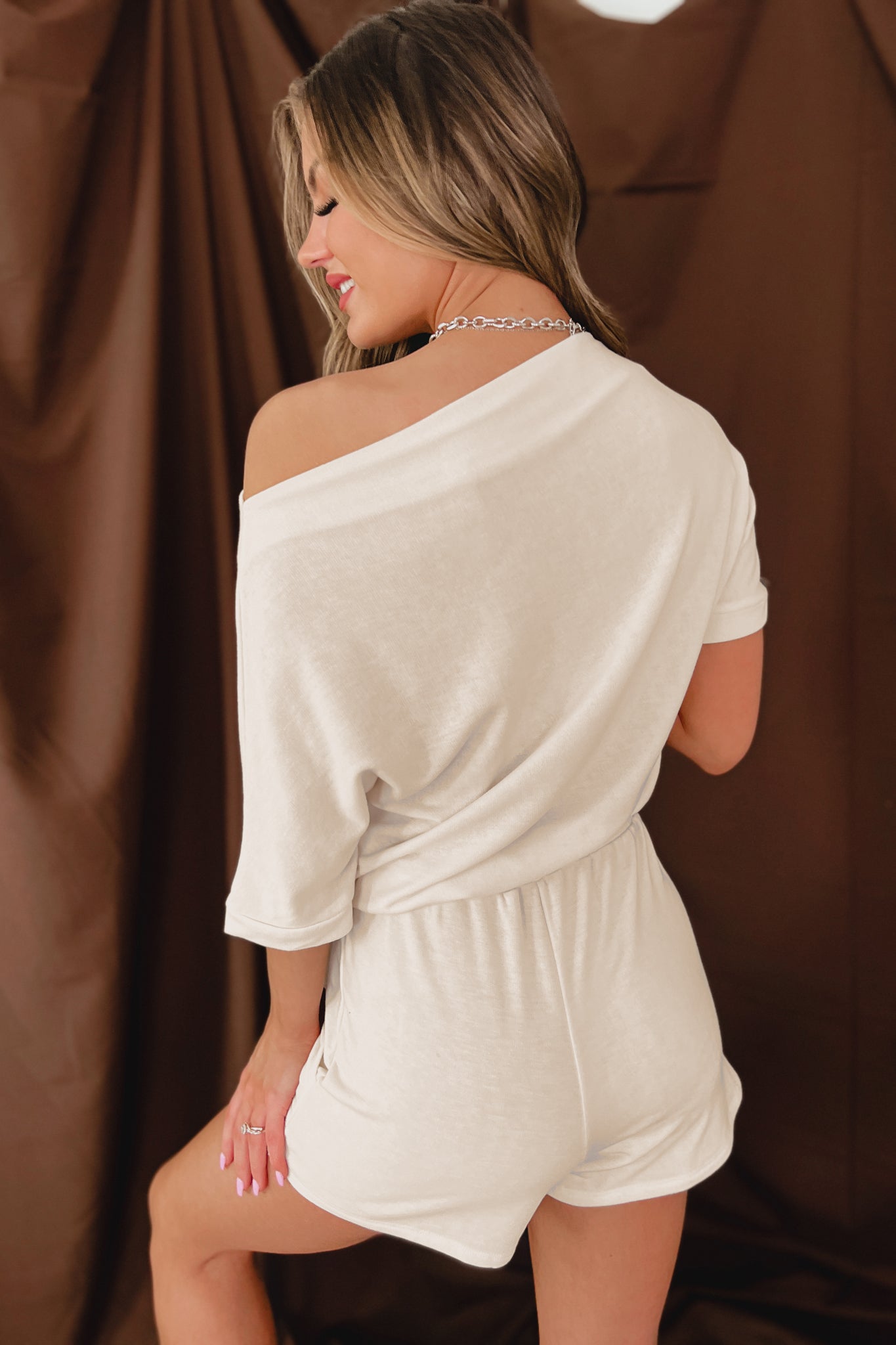 Acting In Kindness Off The Shoulder Drawstring Romper (Light Sand)-The Formal Wear