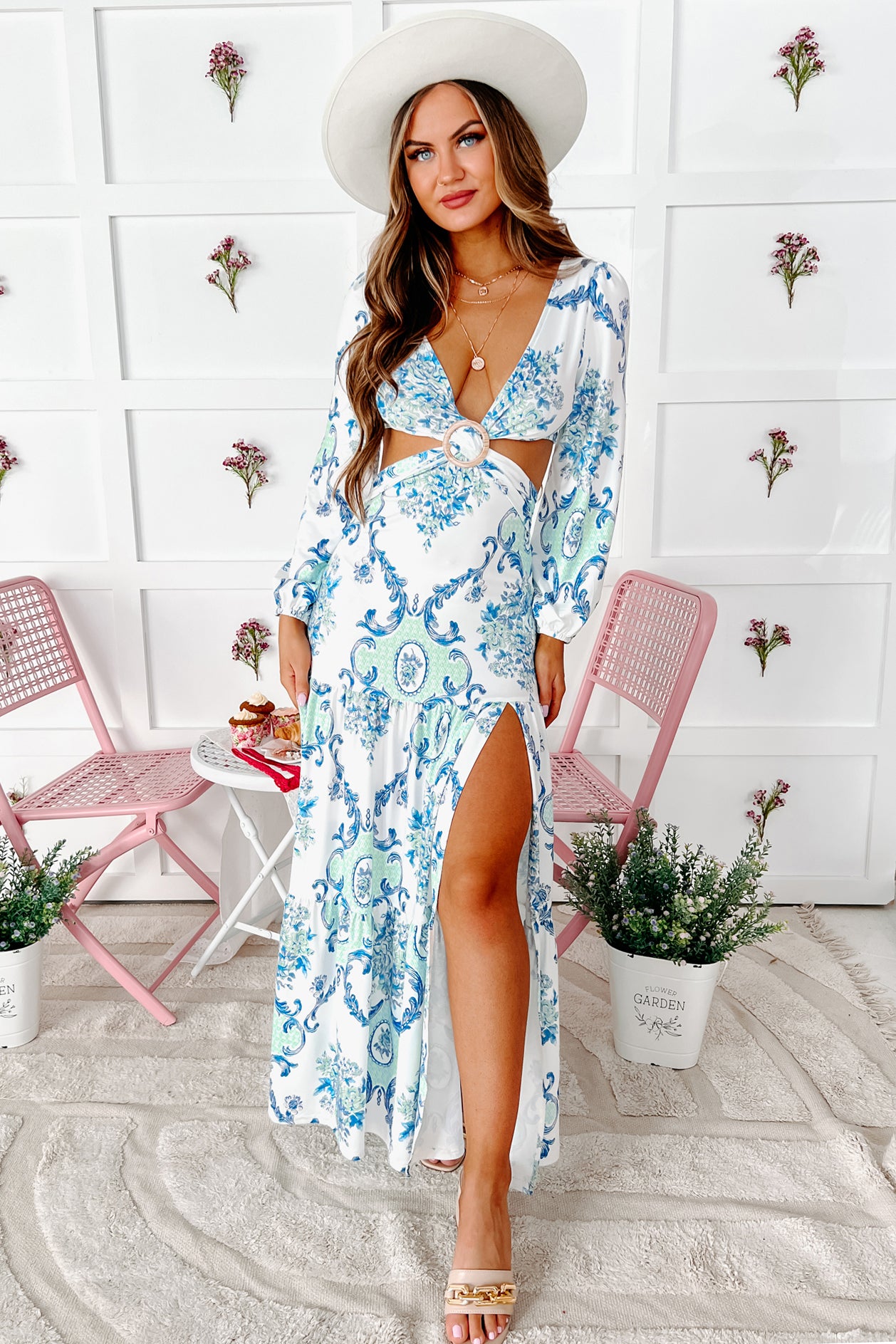 Boundless Affection Printed Long Sleeve Cut-Out Maxi Dress (Blue/White/Yellow)-The Formal Wear