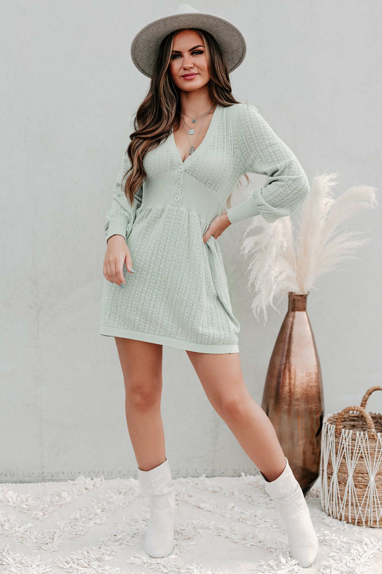 Swift Decisions Long Sleeve Button Front Sweater Dress (Dusty Sage)-The Formal Wear