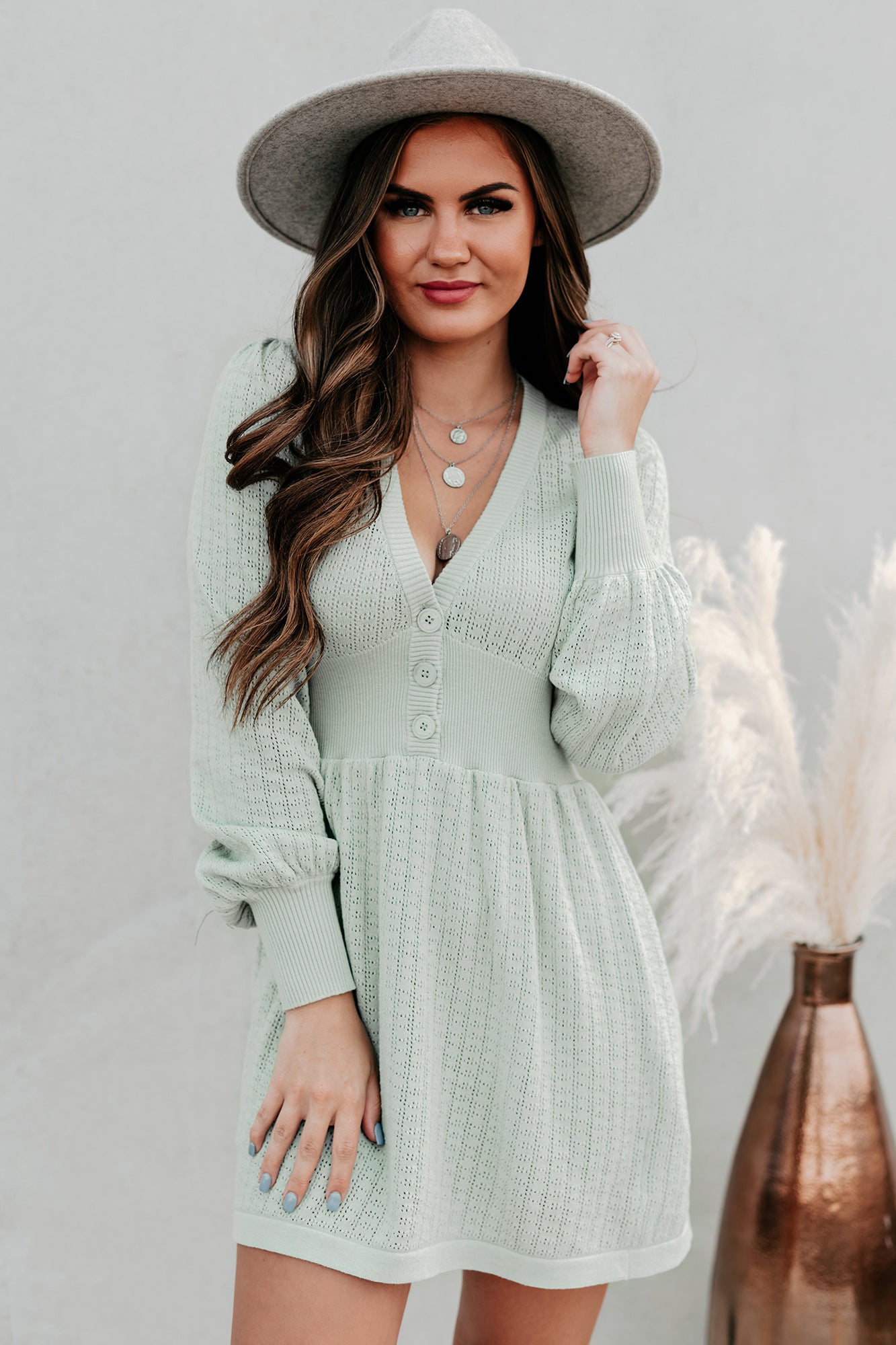 Swift Decisions Long Sleeve Button Front Sweater Dress (Dusty Sage)-The Formal Wear