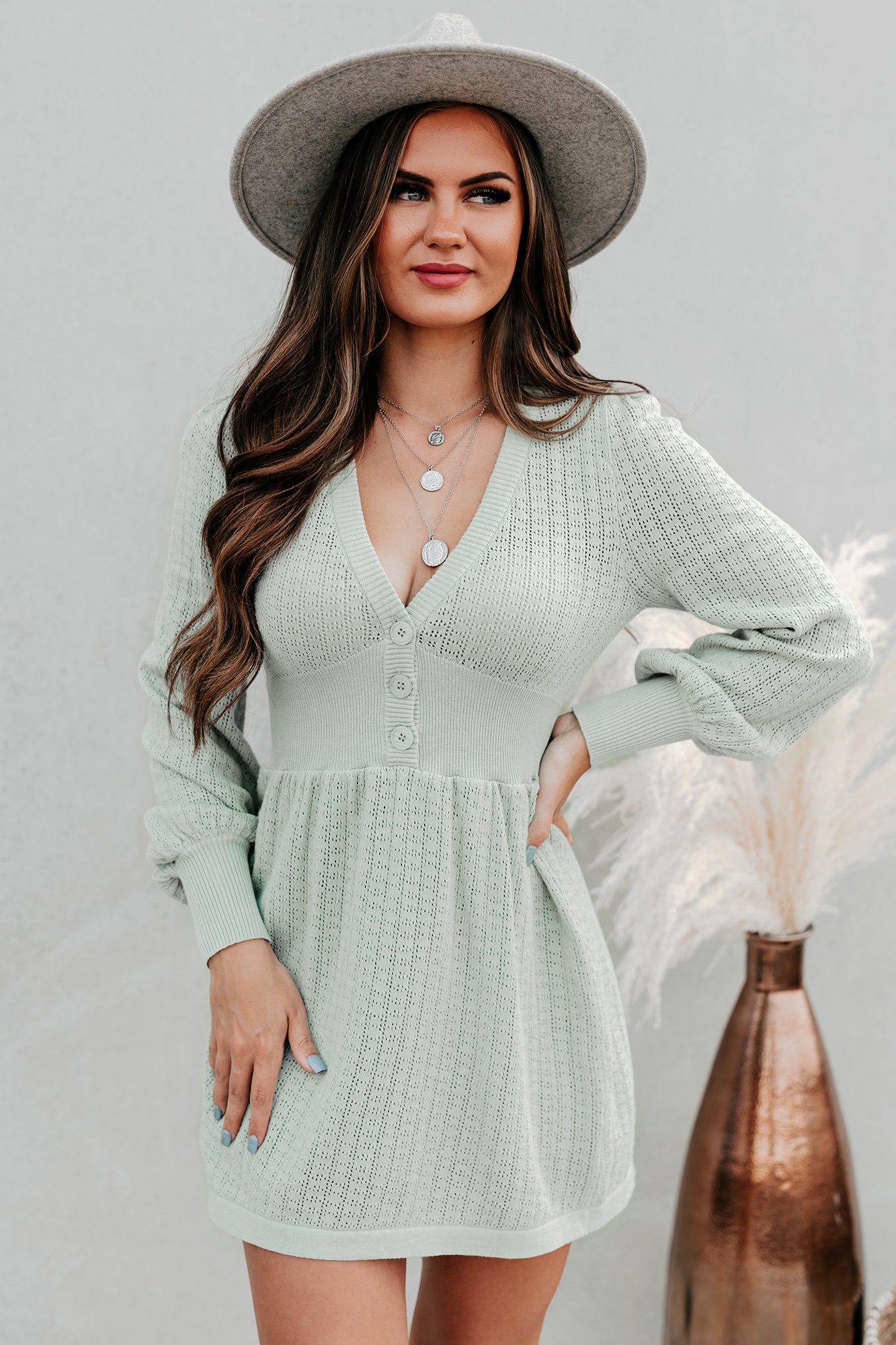 Swift Decisions Long Sleeve Button Front Sweater Dress (Dusty Sage)-The Formal Wear