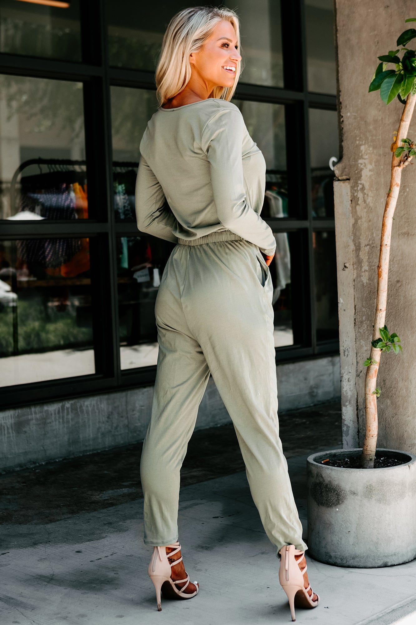 Cozy Queen Long Sleeve Button-Down Jumpsuit (Sage)-The Formal Wear