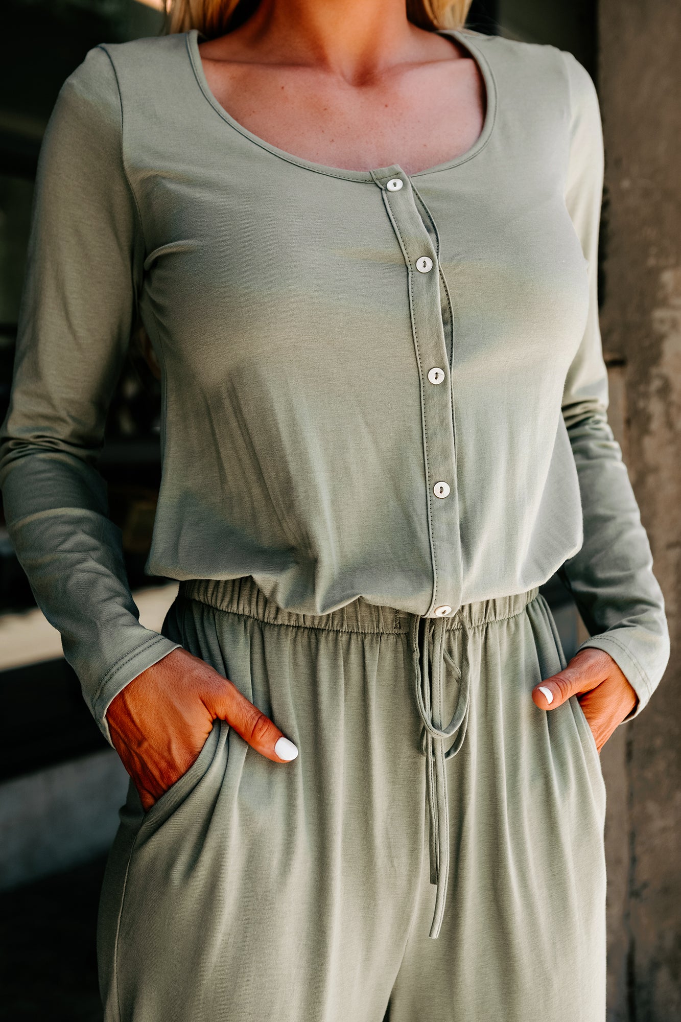 Cozy Queen Long Sleeve Button-Down Jumpsuit (Sage)-The Formal Wear