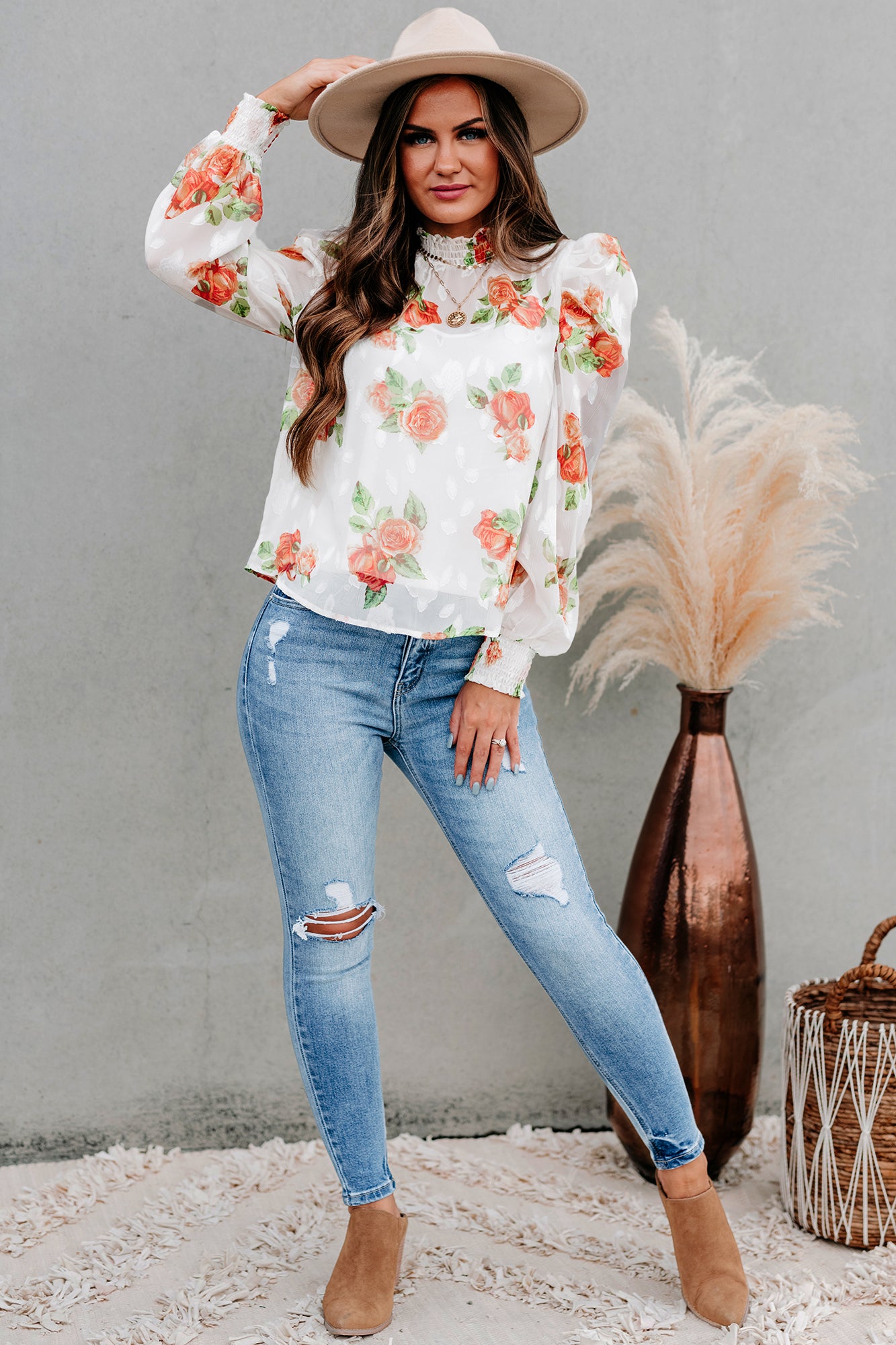 Preferential Treatment Floral High Neck Puff Shoulder Top (Off White)-The Formal Wear