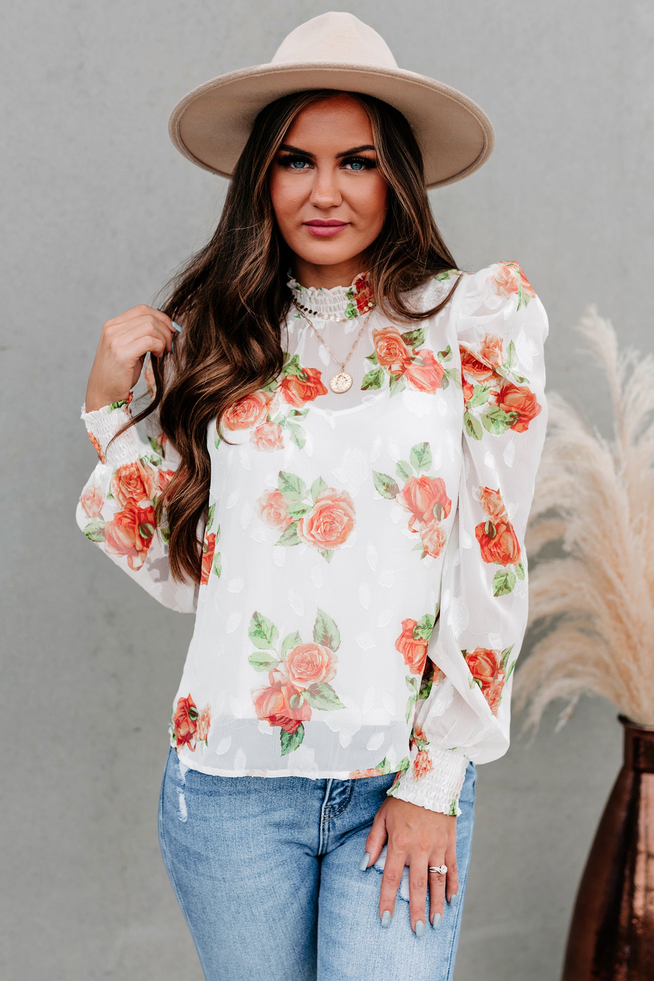 Preferential Treatment Floral High Neck Puff Shoulder Top (Off White)-The Formal Wear