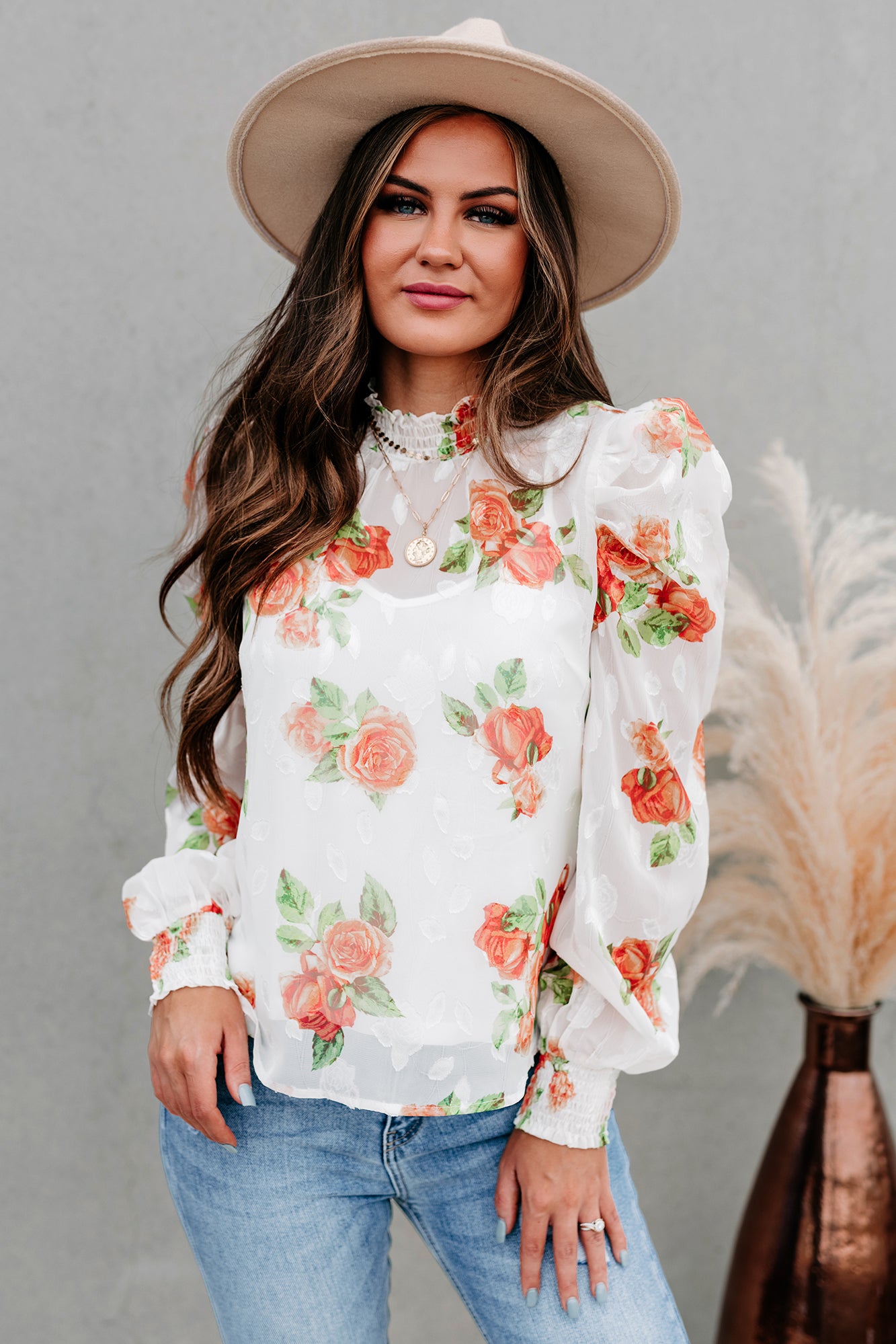 Preferential Treatment Floral High Neck Puff Shoulder Top (Off White)-The Formal Wear