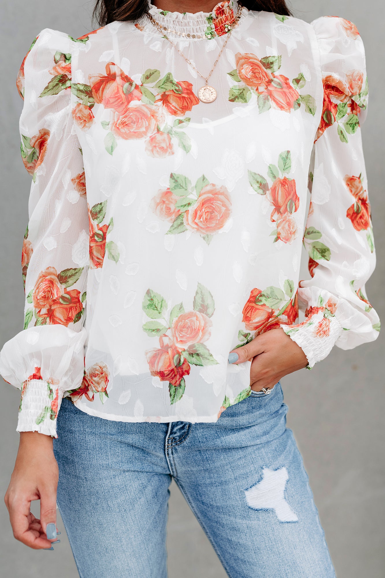 Preferential Treatment Floral High Neck Puff Shoulder Top (Off White)-The Formal Wear