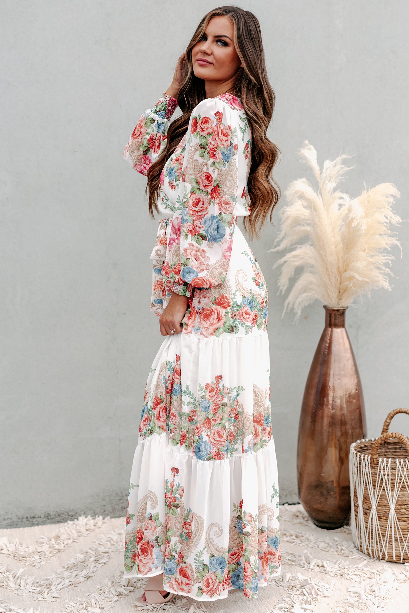 Once And Flor-all Long Sleeve Floral Maxi Dress (Ivory)-The Formal Wear