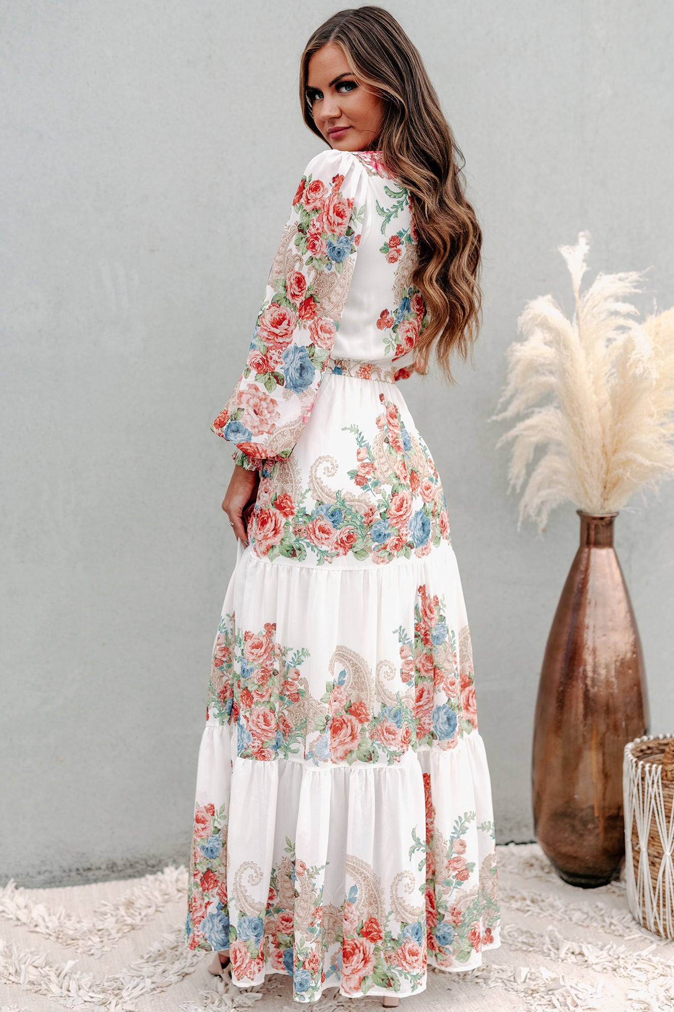 Once And Flor-all Long Sleeve Floral Maxi Dress (Ivory)-The Formal Wear