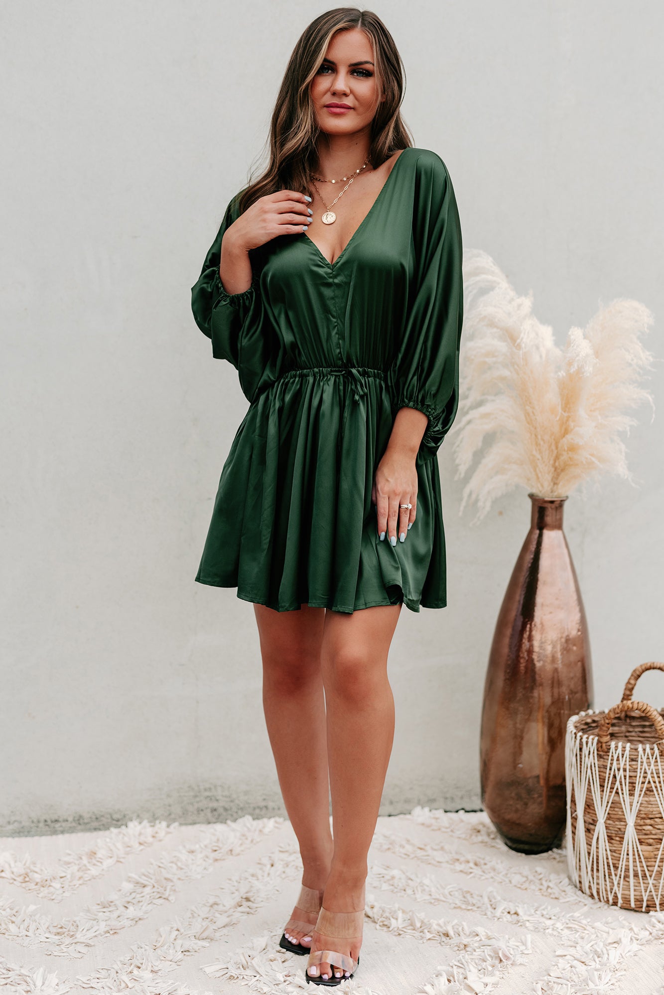 Pure Fiction Drawstring Waist Satin Mini Dress (Green)-The Formal Wear