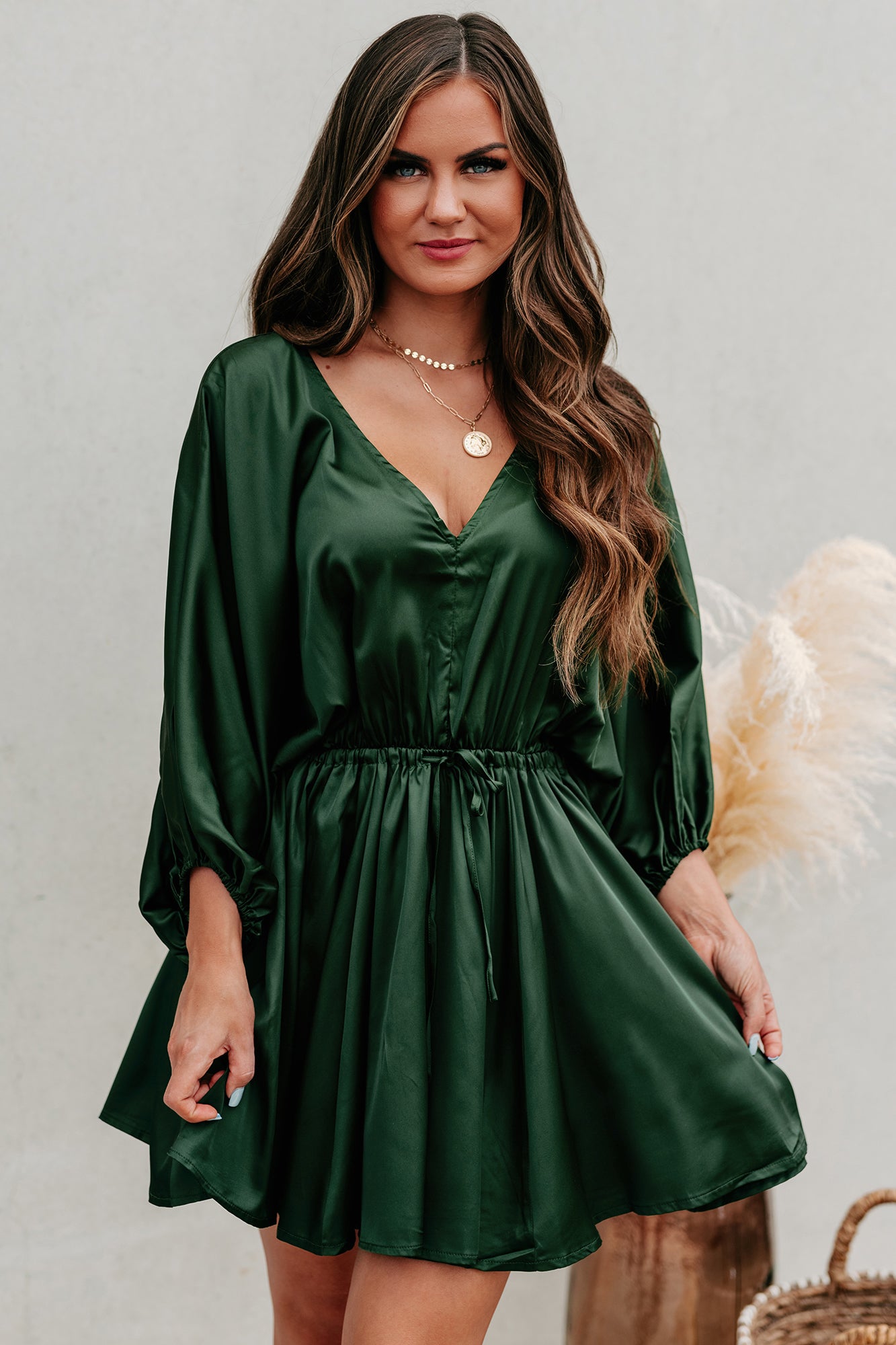 Pure Fiction Drawstring Waist Satin Mini Dress (Green)-The Formal Wear