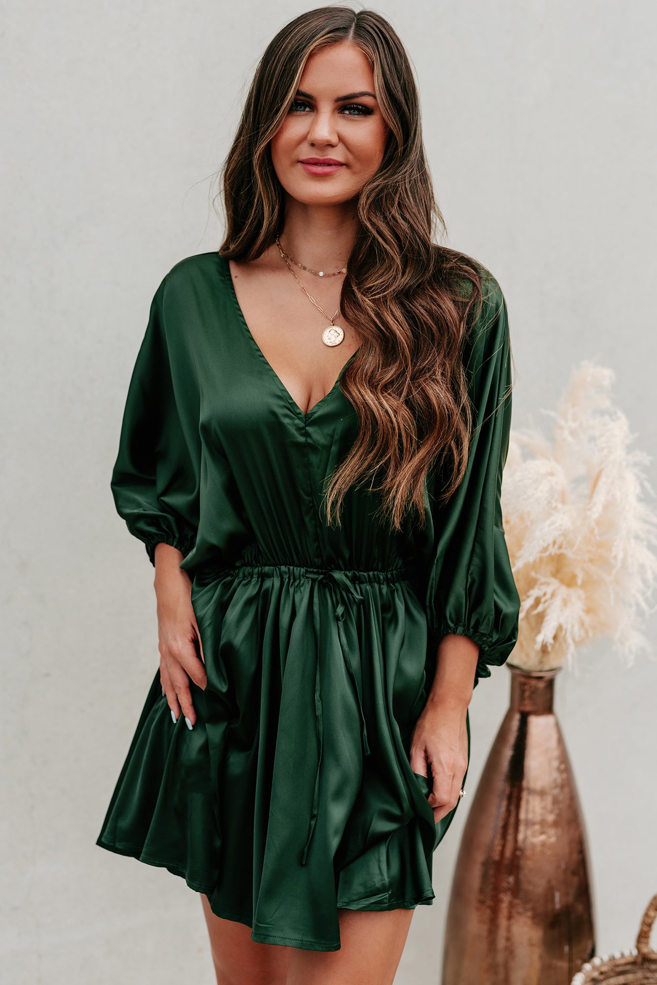 Pure Fiction Drawstring Waist Satin Mini Dress (Green)-The Formal Wear