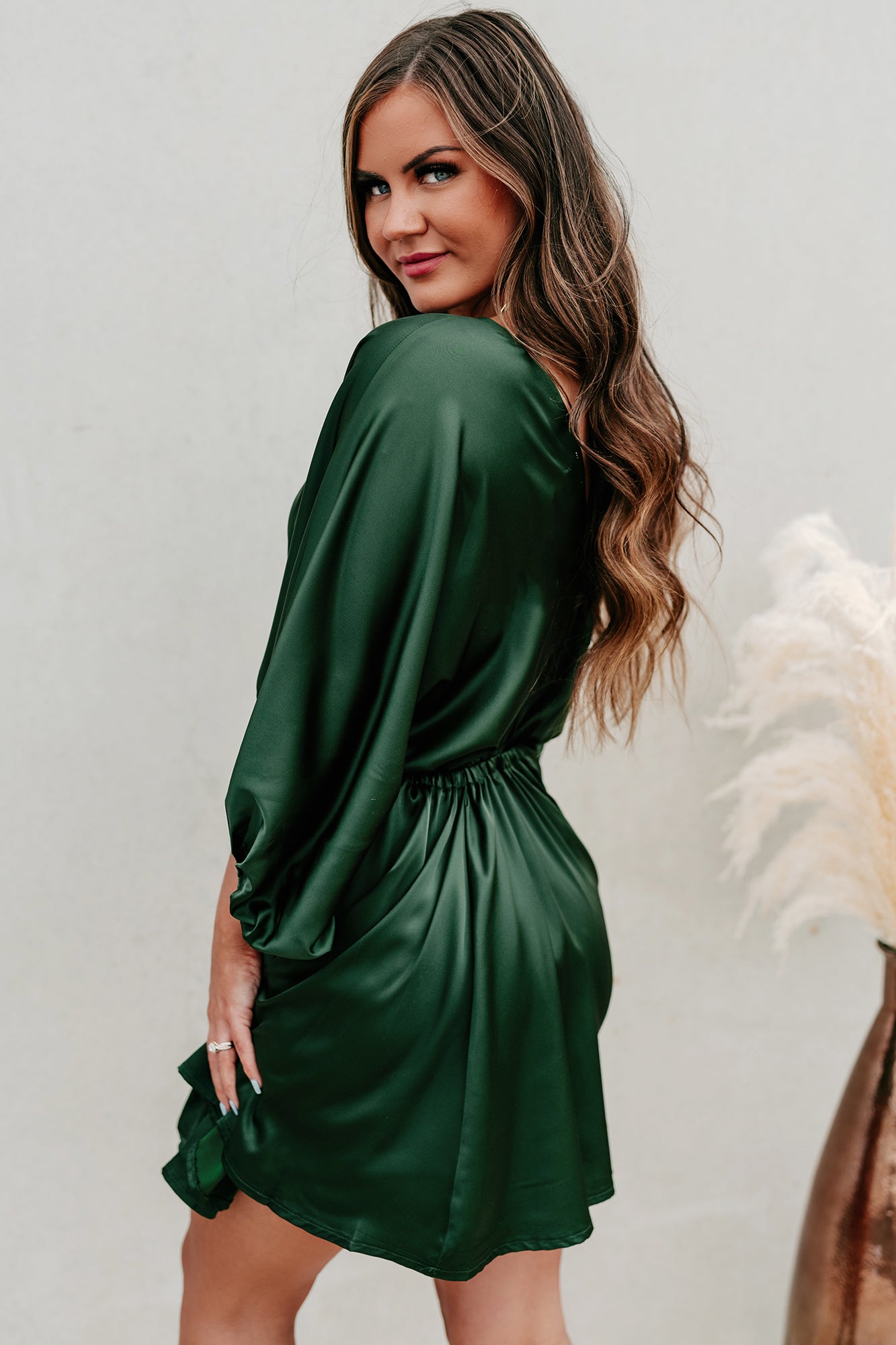 Pure Fiction Drawstring Waist Satin Mini Dress (Green)-The Formal Wear