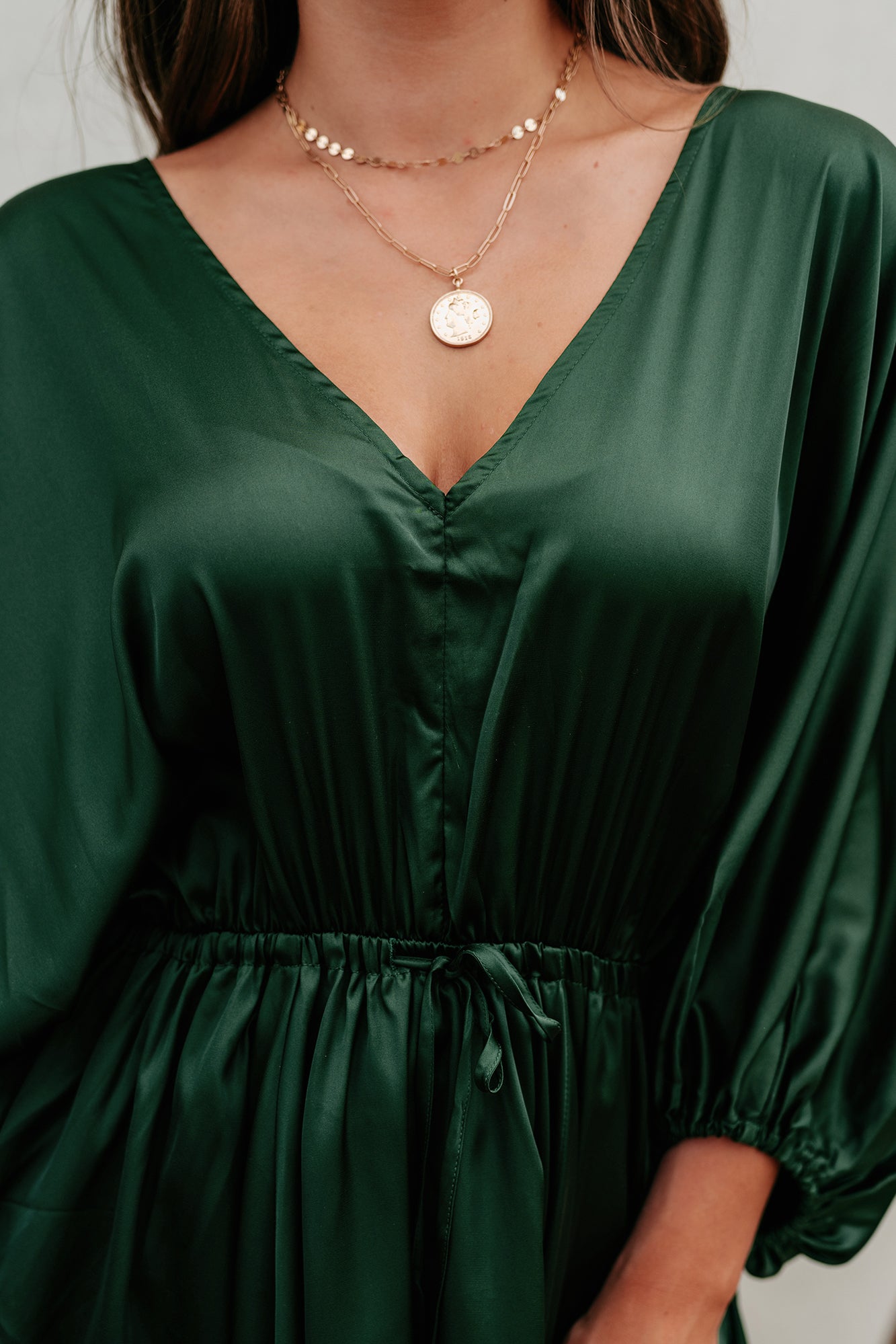 Pure Fiction Drawstring Waist Satin Mini Dress (Green)-The Formal Wear