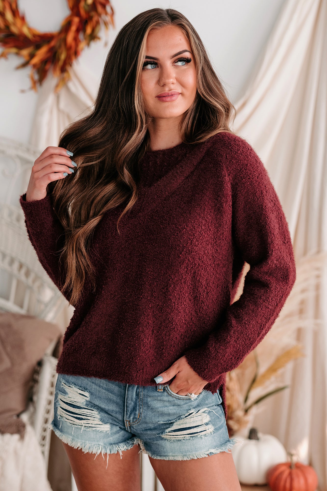 Easygoing Nature Textured Cold Shoulder Sweater (Plum)-The Formal Wear