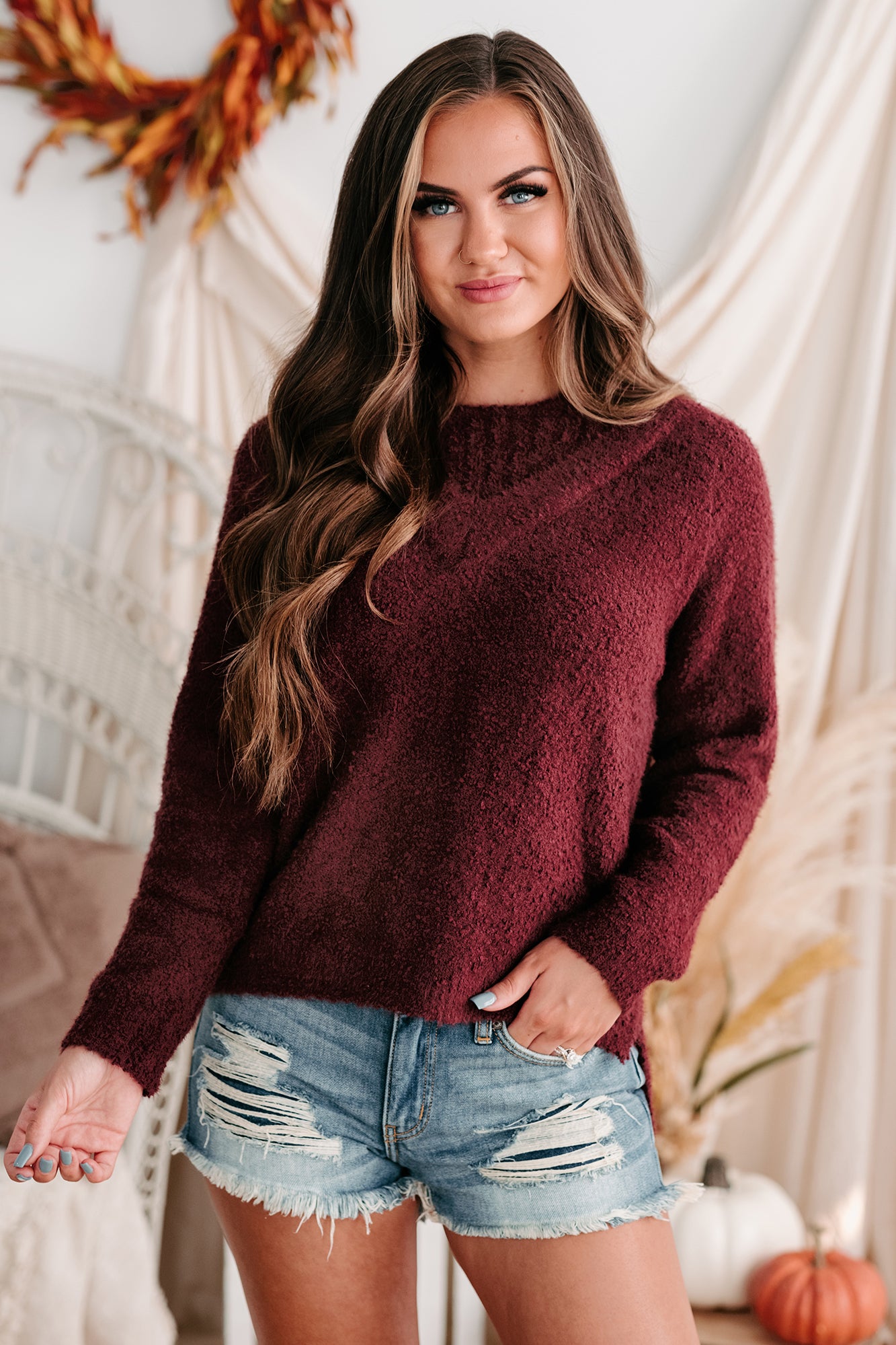 Easygoing Nature Textured Cold Shoulder Sweater (Plum)-The Formal Wear