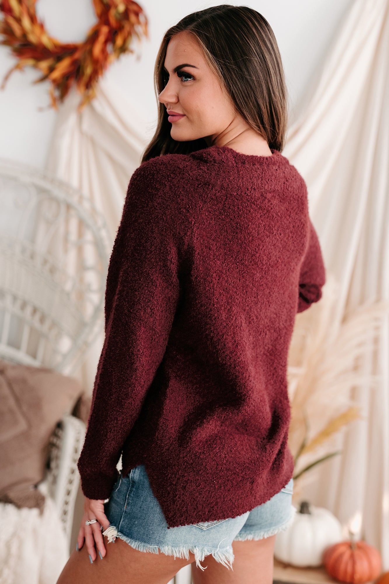 Easygoing Nature Textured Cold Shoulder Sweater (Plum)-The Formal Wear
