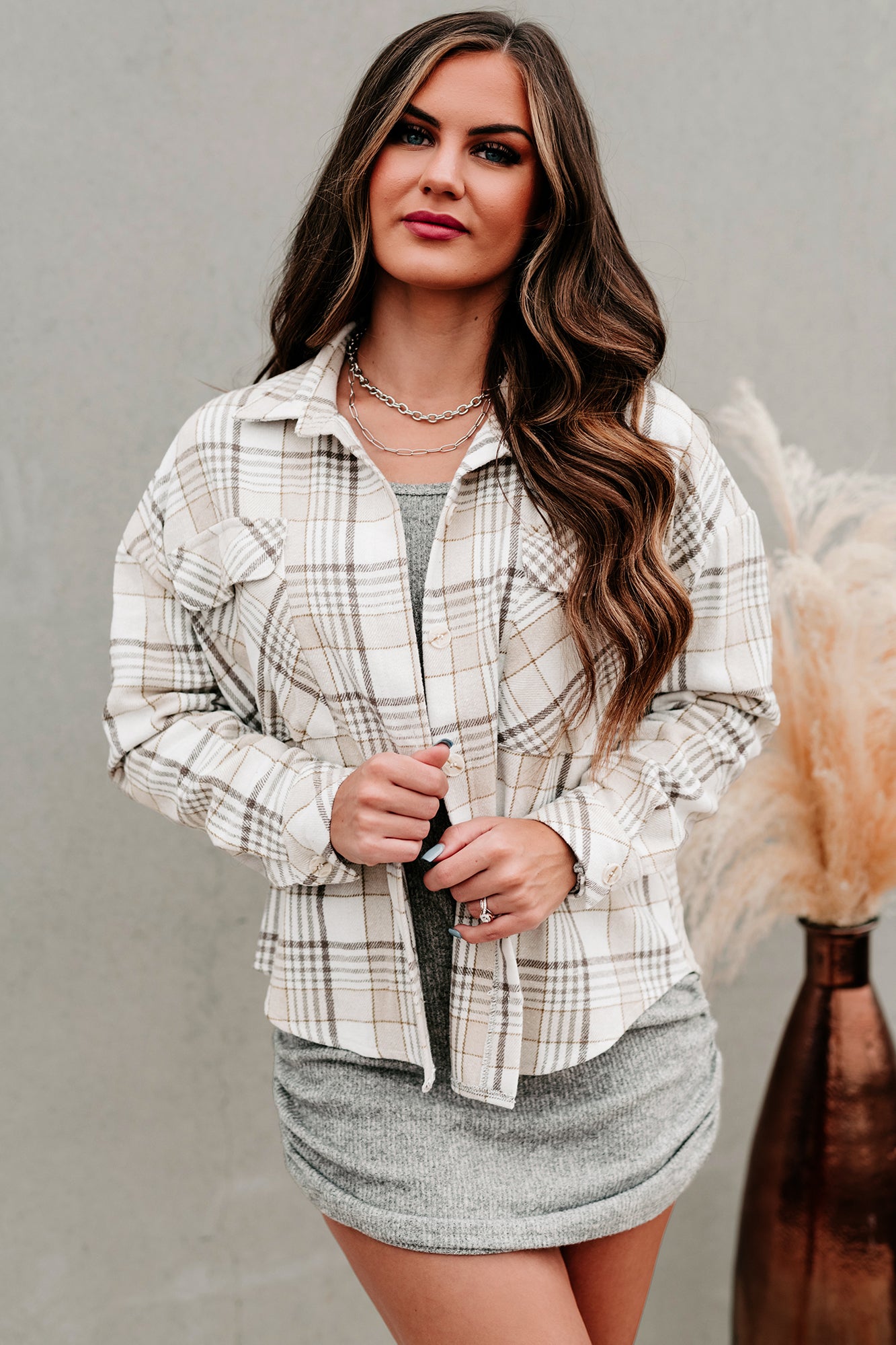 Rocky Mountain Babe Oversized Plaid Flannel Shirt (Taupe)-The Formal Wear