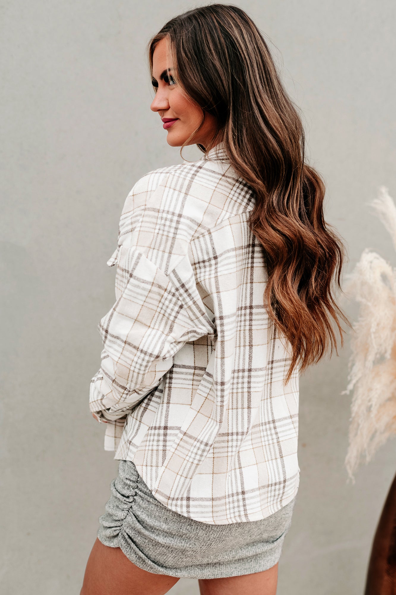 Rocky Mountain Babe Oversized Plaid Flannel Shirt (Taupe)-The Formal Wear