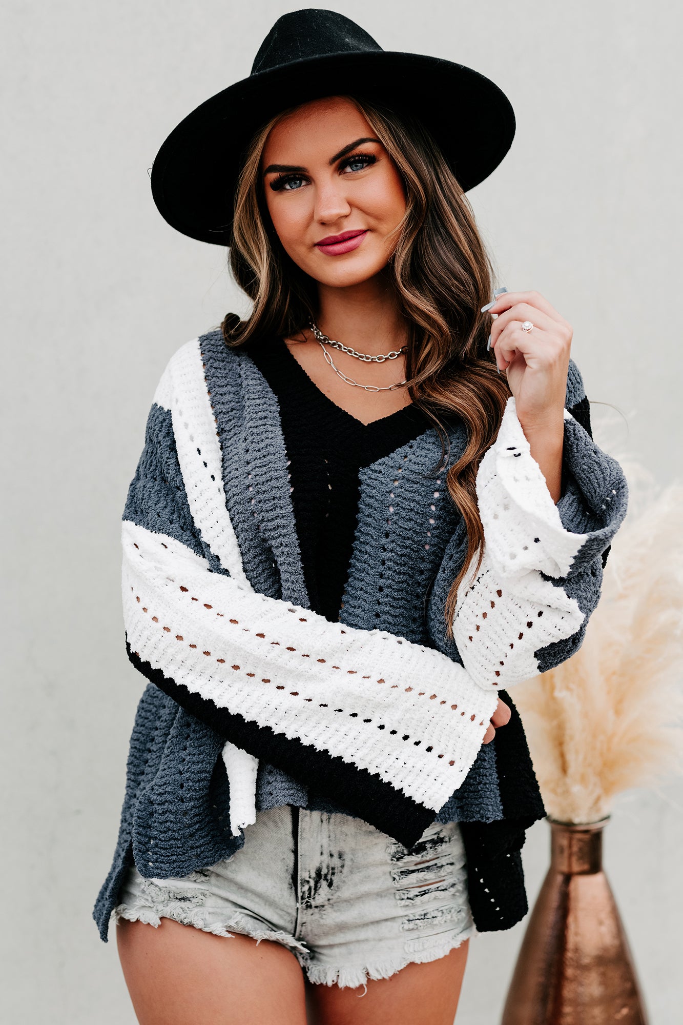 Cozy & Cuter Oversized Fuzzy Knit Sweater (Black/Charcoal Multi)-The Formal Wear