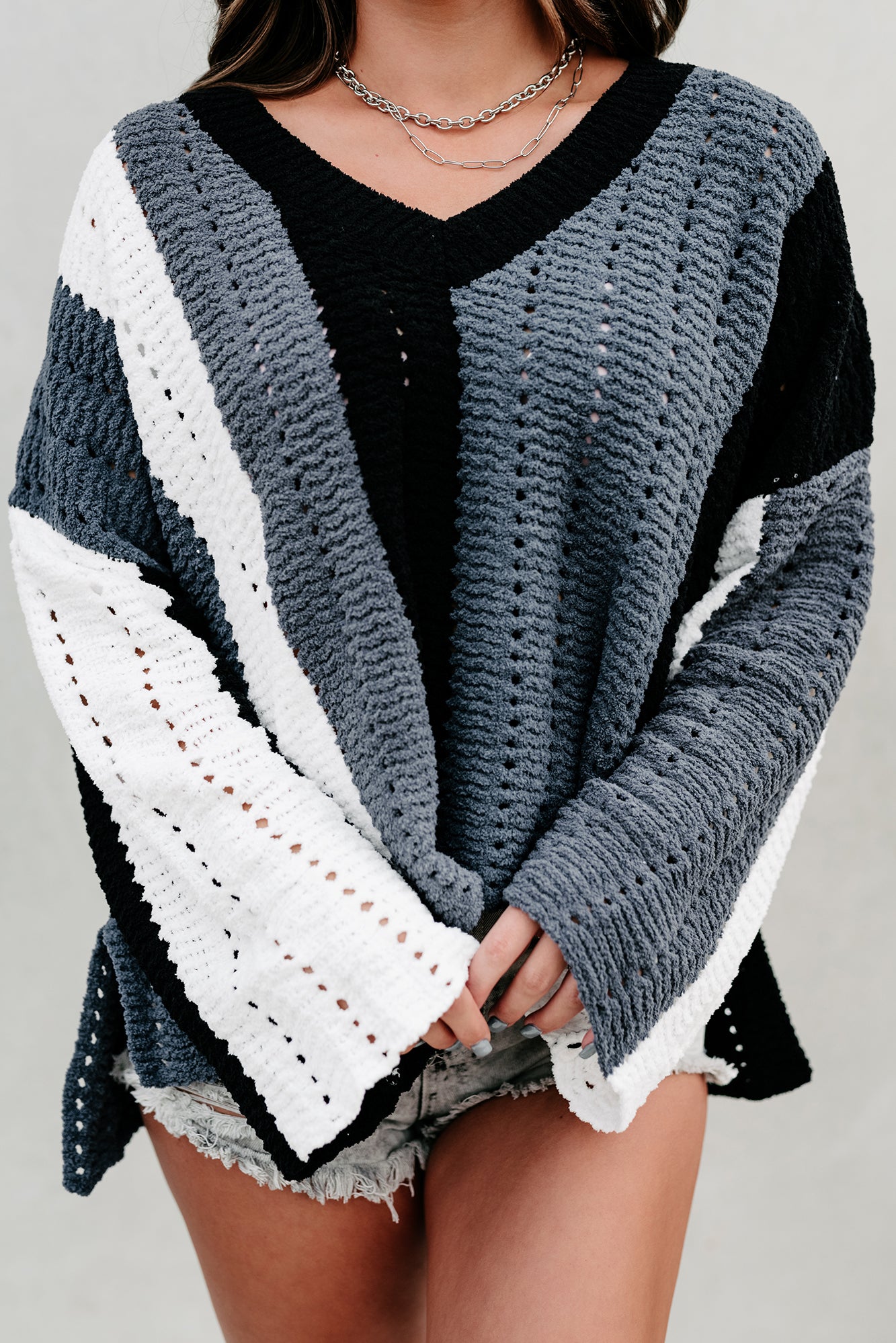 Cozy & Cuter Oversized Fuzzy Knit Sweater (Black/Charcoal Multi)-The Formal Wear