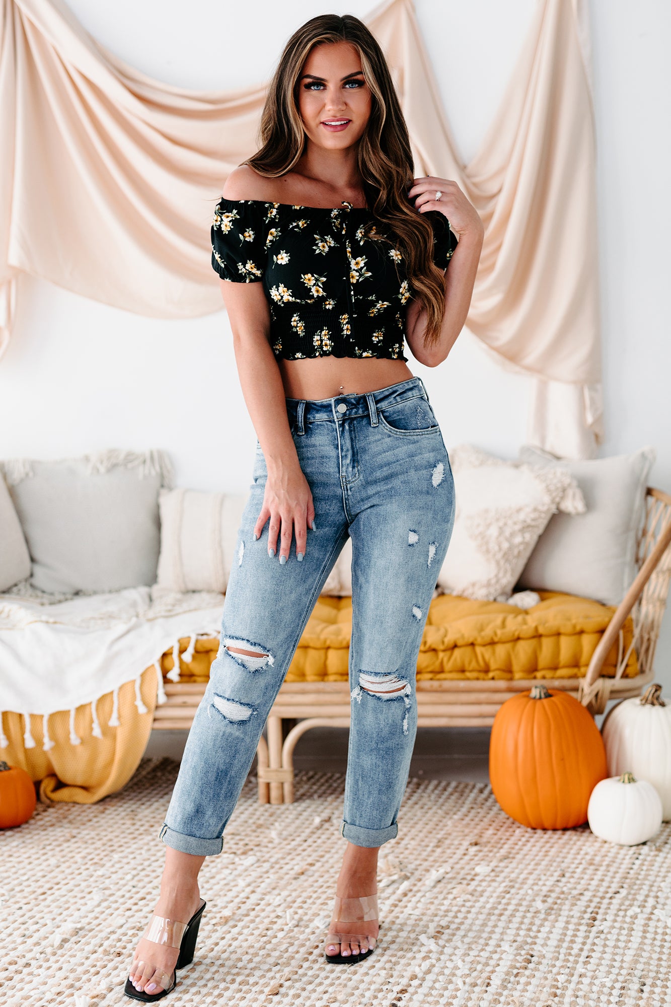 Fairground Fun Floral Off The Shoulder Smocked Crop Top (Black)-The Formal Wear