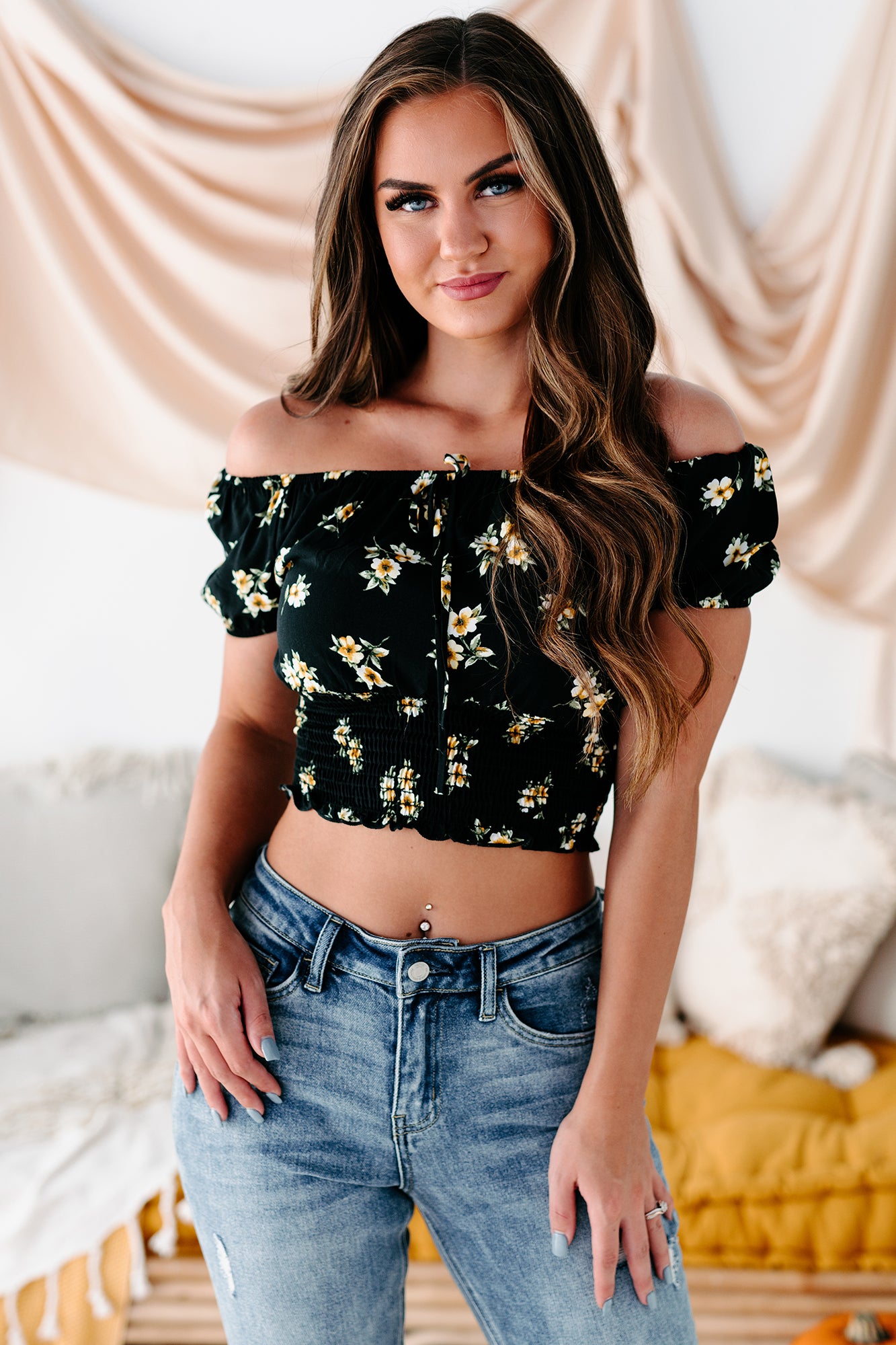 Fairground Fun Floral Off The Shoulder Smocked Crop Top (Black)-The Formal Wear