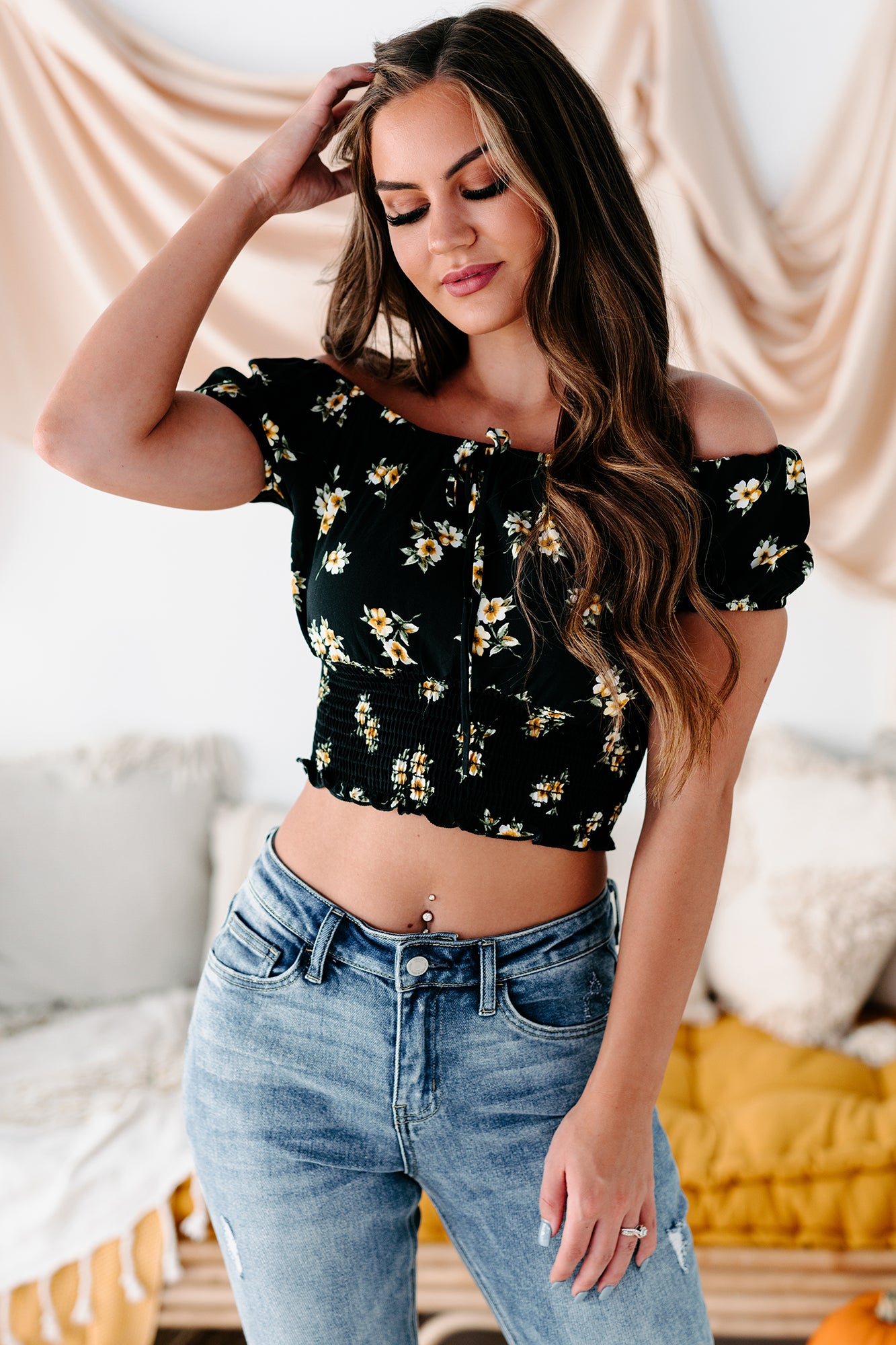 Fairground Fun Floral Off The Shoulder Smocked Crop Top (Black)-The Formal Wear