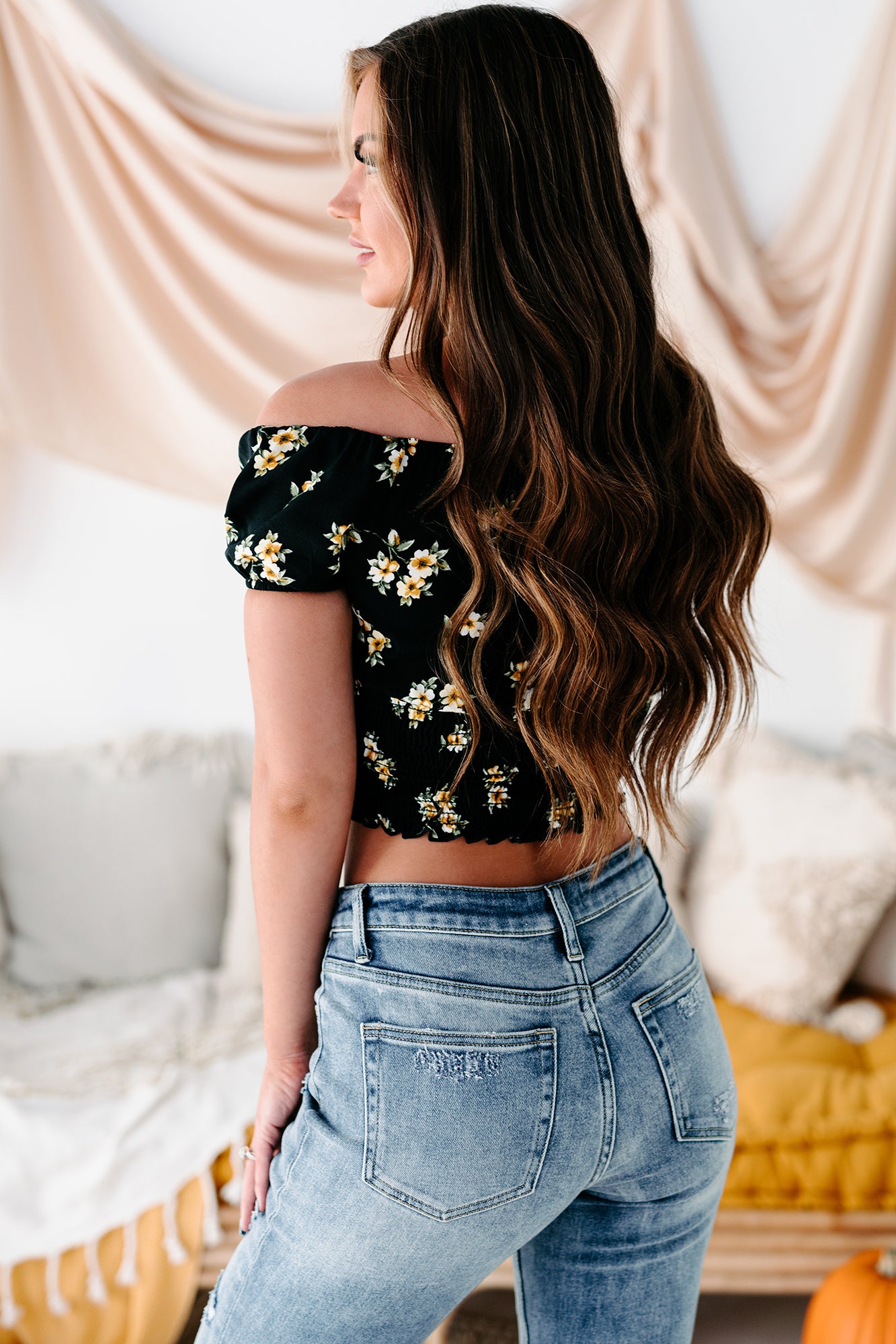 Fairground Fun Floral Off The Shoulder Smocked Crop Top (Black)-The Formal Wear