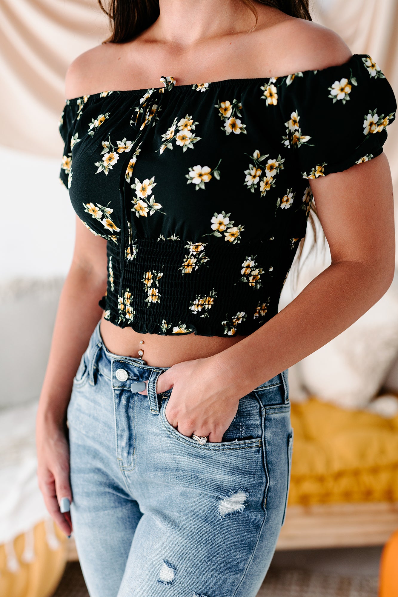 Fairground Fun Floral Off The Shoulder Smocked Crop Top (Black)-The Formal Wear