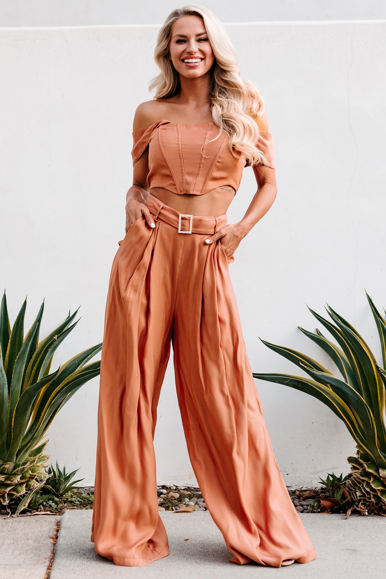 Glimmer & Shine Off The Shoulder Corset Top & Palazzo Pants Set (Cognac)-The Formal Wear