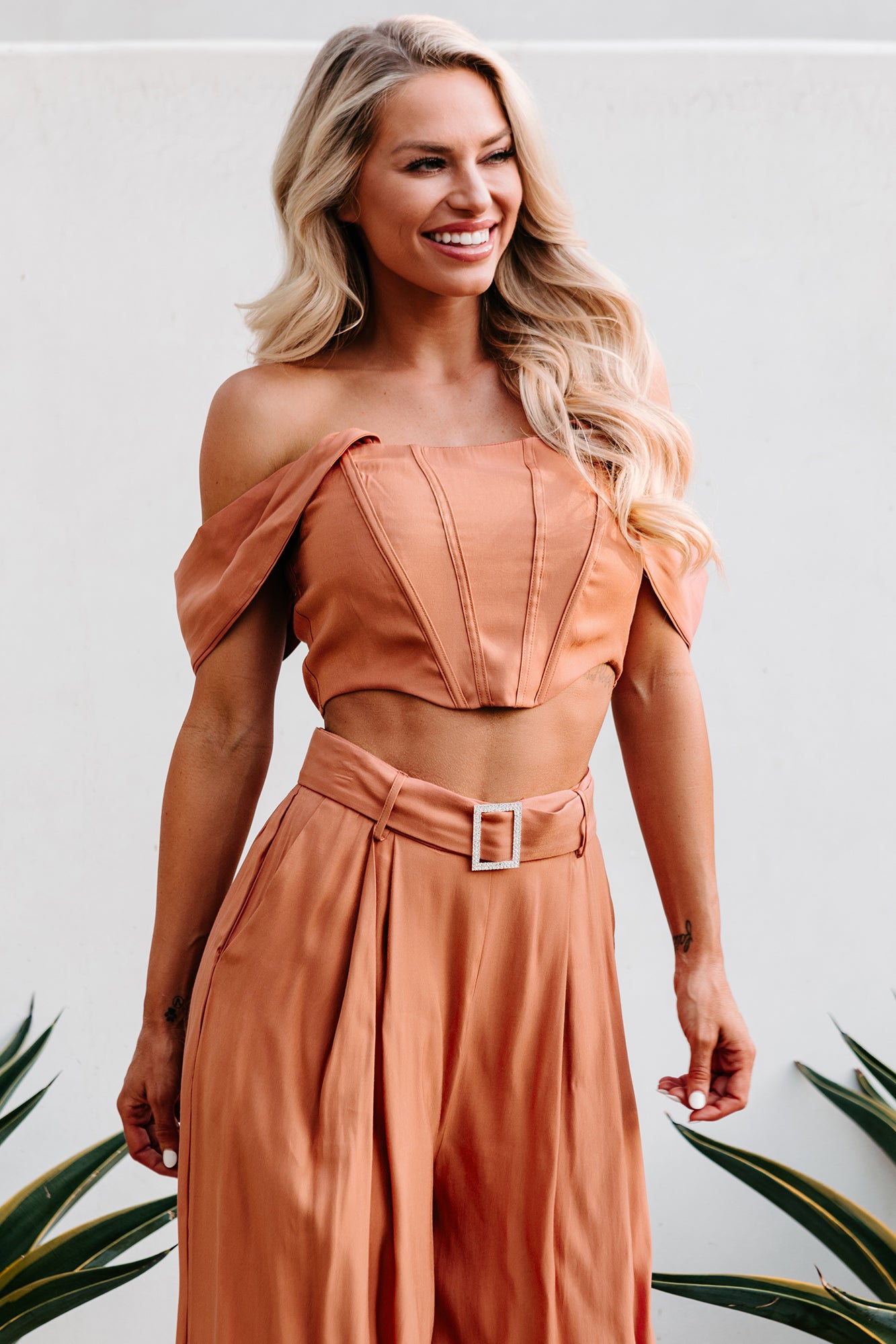 Glimmer & Shine Off The Shoulder Corset Top & Palazzo Pants Set (Cognac)-The Formal Wear