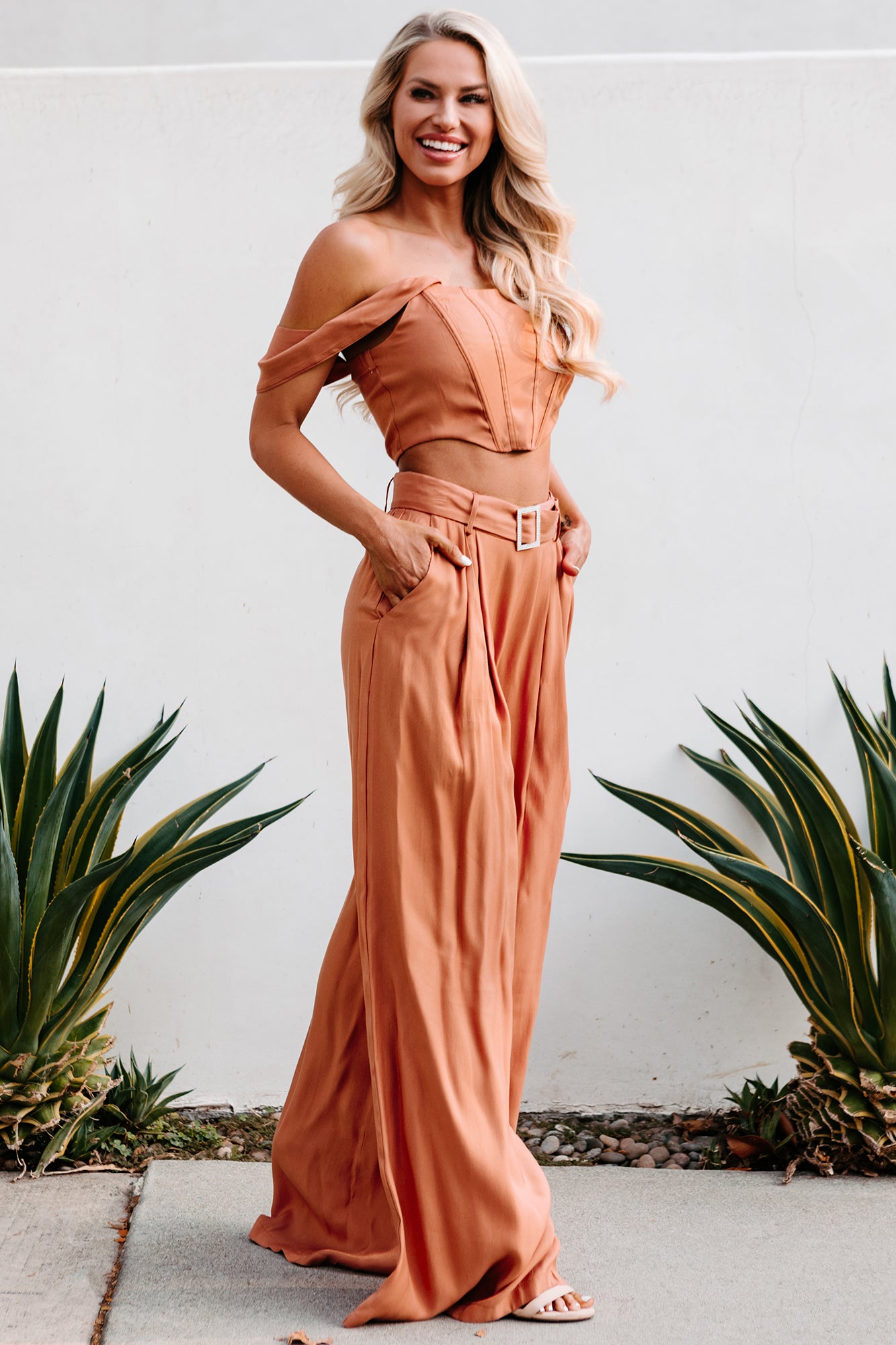 Glimmer & Shine Off The Shoulder Corset Top & Palazzo Pants Set (Cognac)-The Formal Wear
