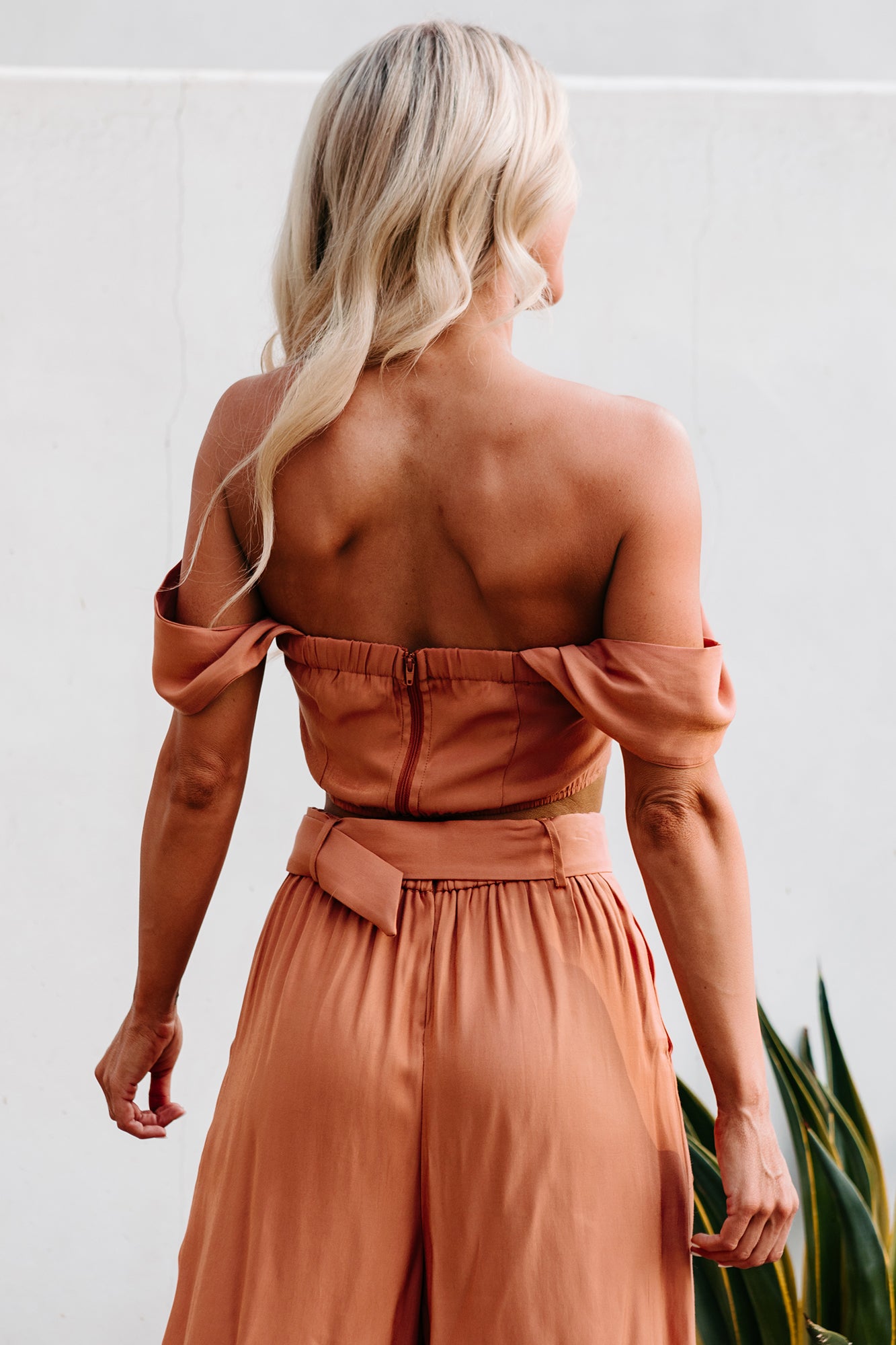Glimmer & Shine Off The Shoulder Corset Top & Palazzo Pants Set (Cognac)-The Formal Wear