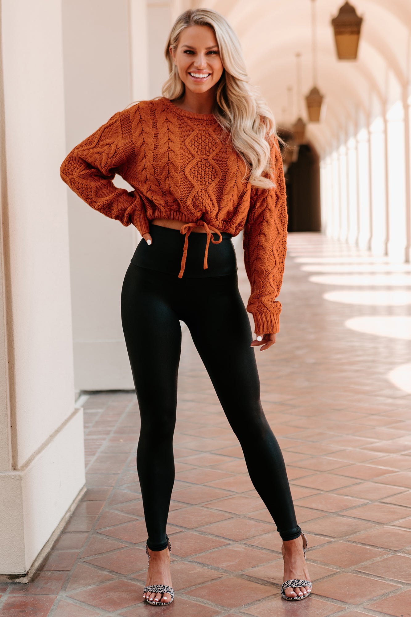 Points To Cozy Drawstring Hem Cropped Cable Knit Sweater (Burnt Orange)-The Formal Wear