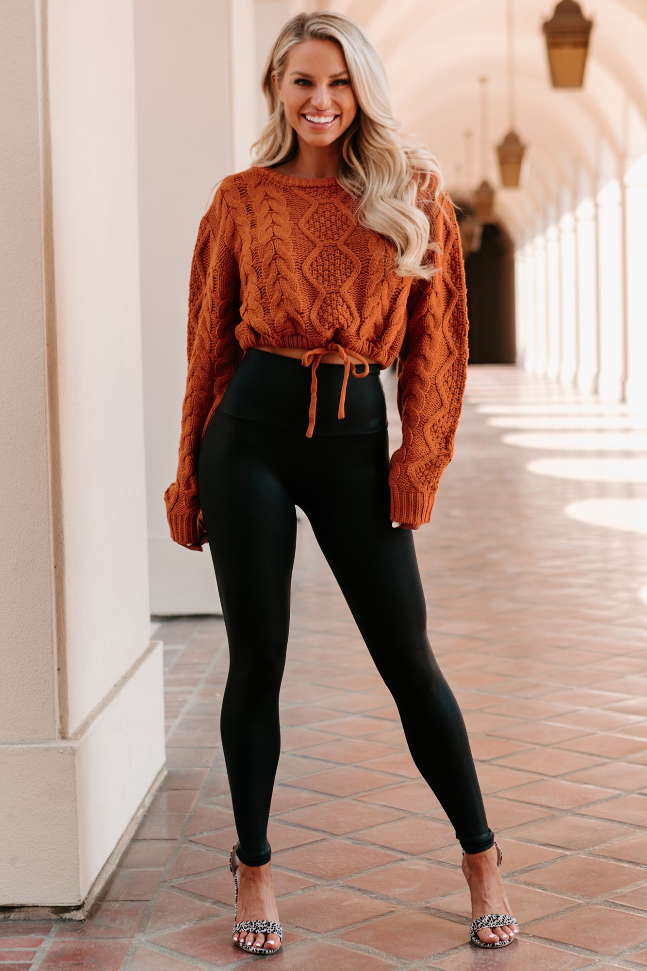 Points To Cozy Drawstring Hem Cropped Cable Knit Sweater (Burnt Orange)-The Formal Wear