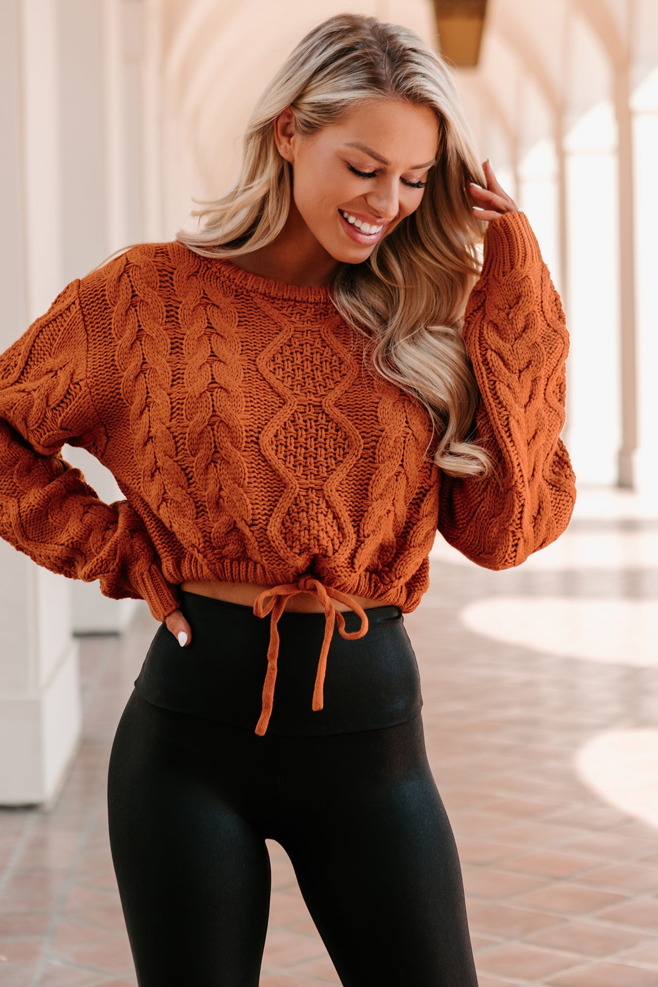 Points To Cozy Drawstring Hem Cropped Cable Knit Sweater (Burnt Orange)-The Formal Wear
