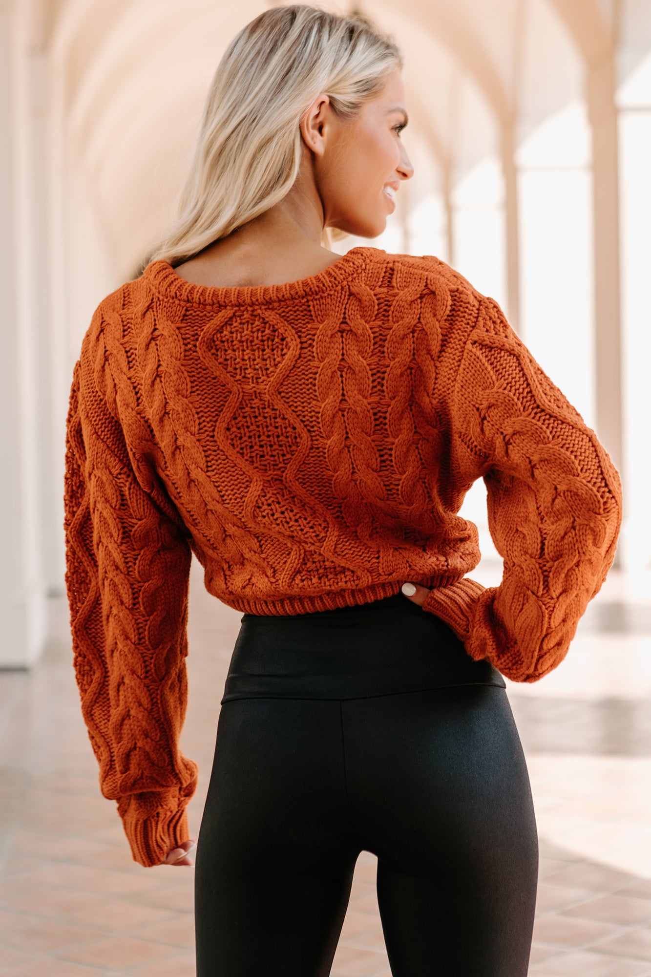 Points To Cozy Drawstring Hem Cropped Cable Knit Sweater (Burnt Orange)-The Formal Wear