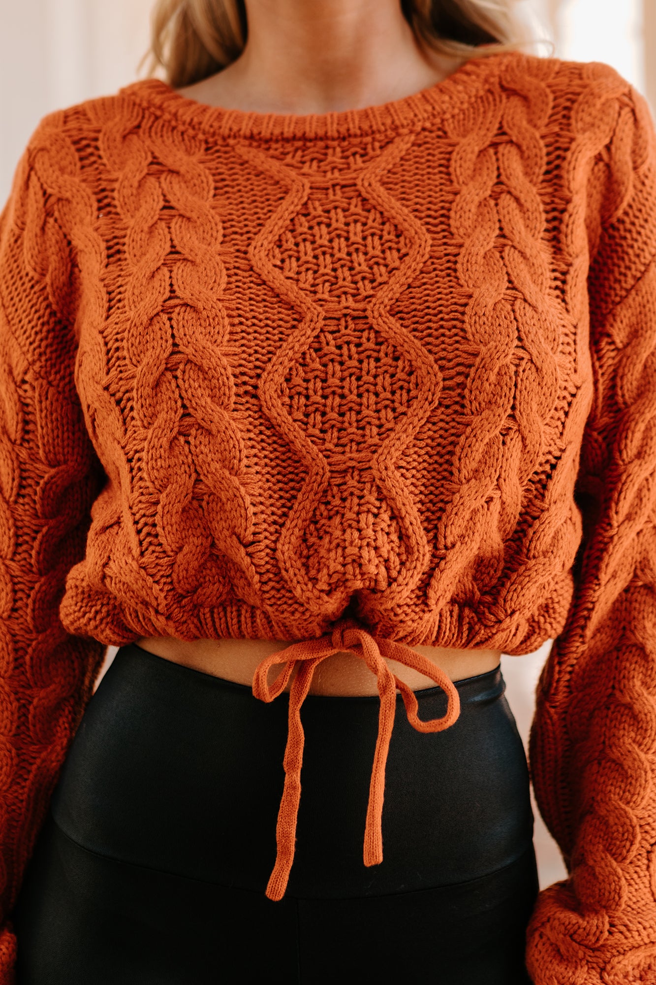 Points To Cozy Drawstring Hem Cropped Cable Knit Sweater (Burnt Orange)-The Formal Wear