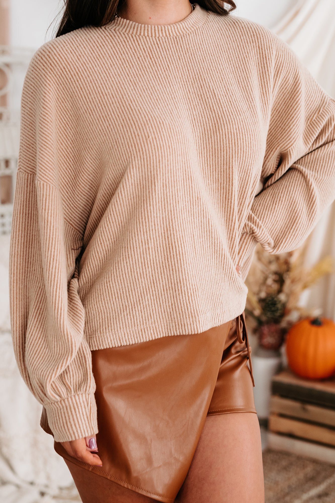 Stand Tall Ribbed Bubble Long Sleeve Top (Mocha)-The Formal Wear