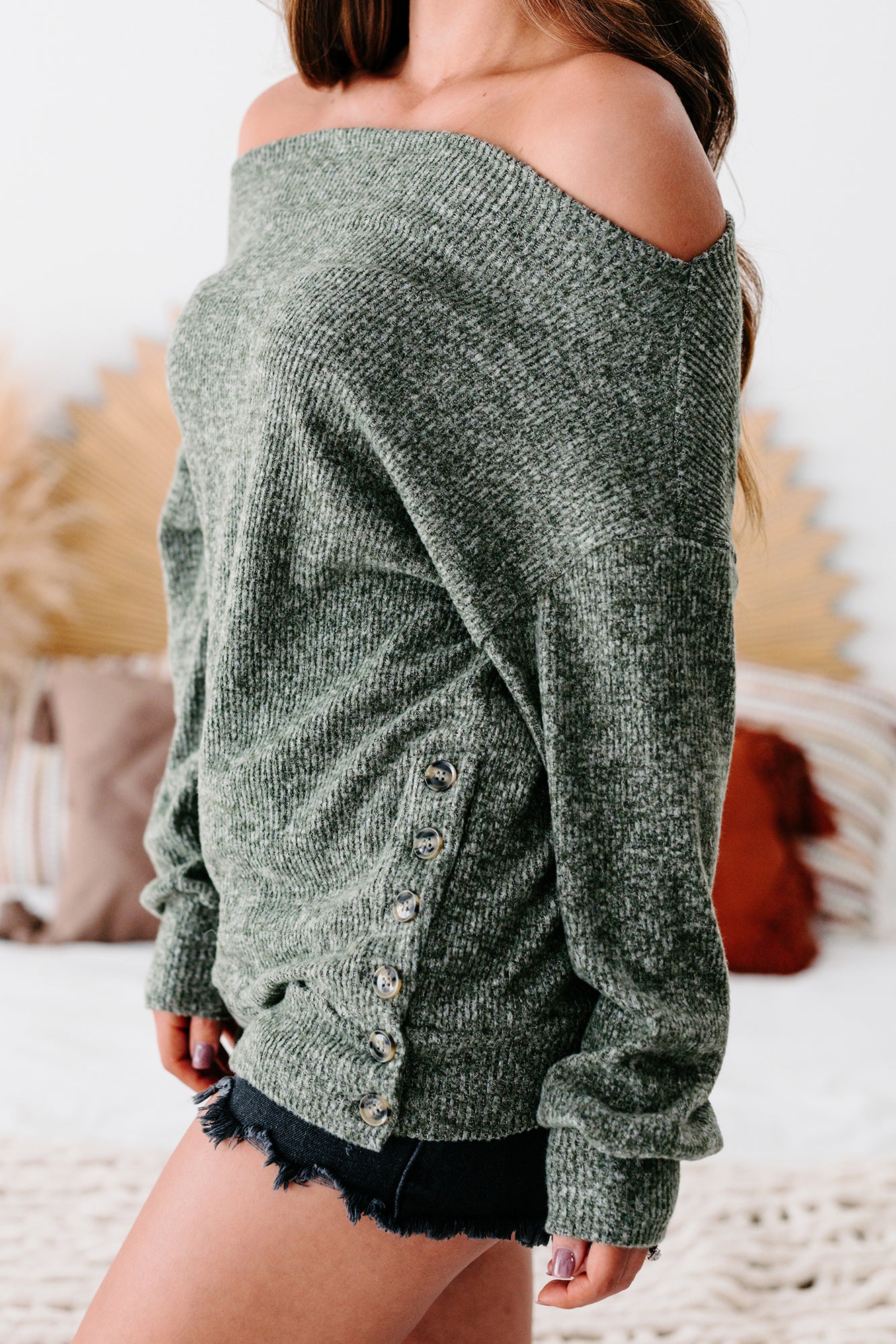 Mellowed Mindset Ribbed Off The Shoulder Sweater (Olive)-The Formal Wear