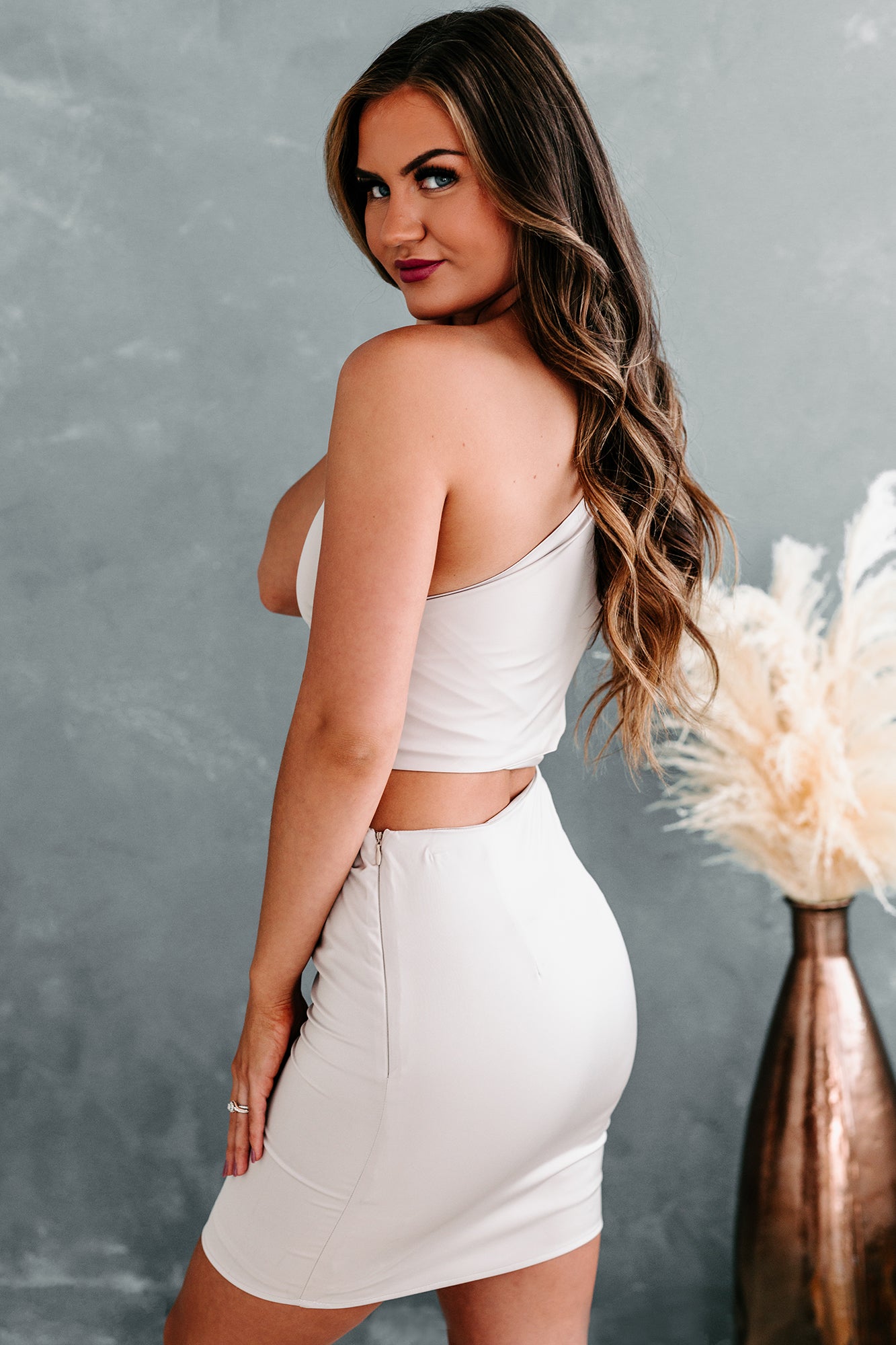 Gambling On You Satin One Shoulder Tied Cut-Out Mini Dress (Champagne)-The Formal Wear